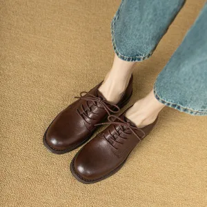 Handmade British style Round Toe Lace Up Leather Chunky Heeled Loafers