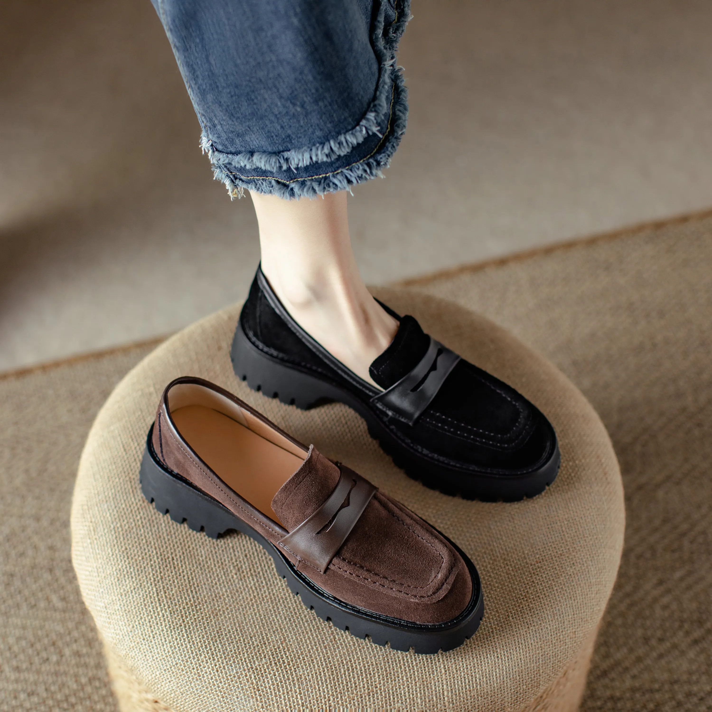 Handmade Classic Platform Loafers Flats Women's Shoes