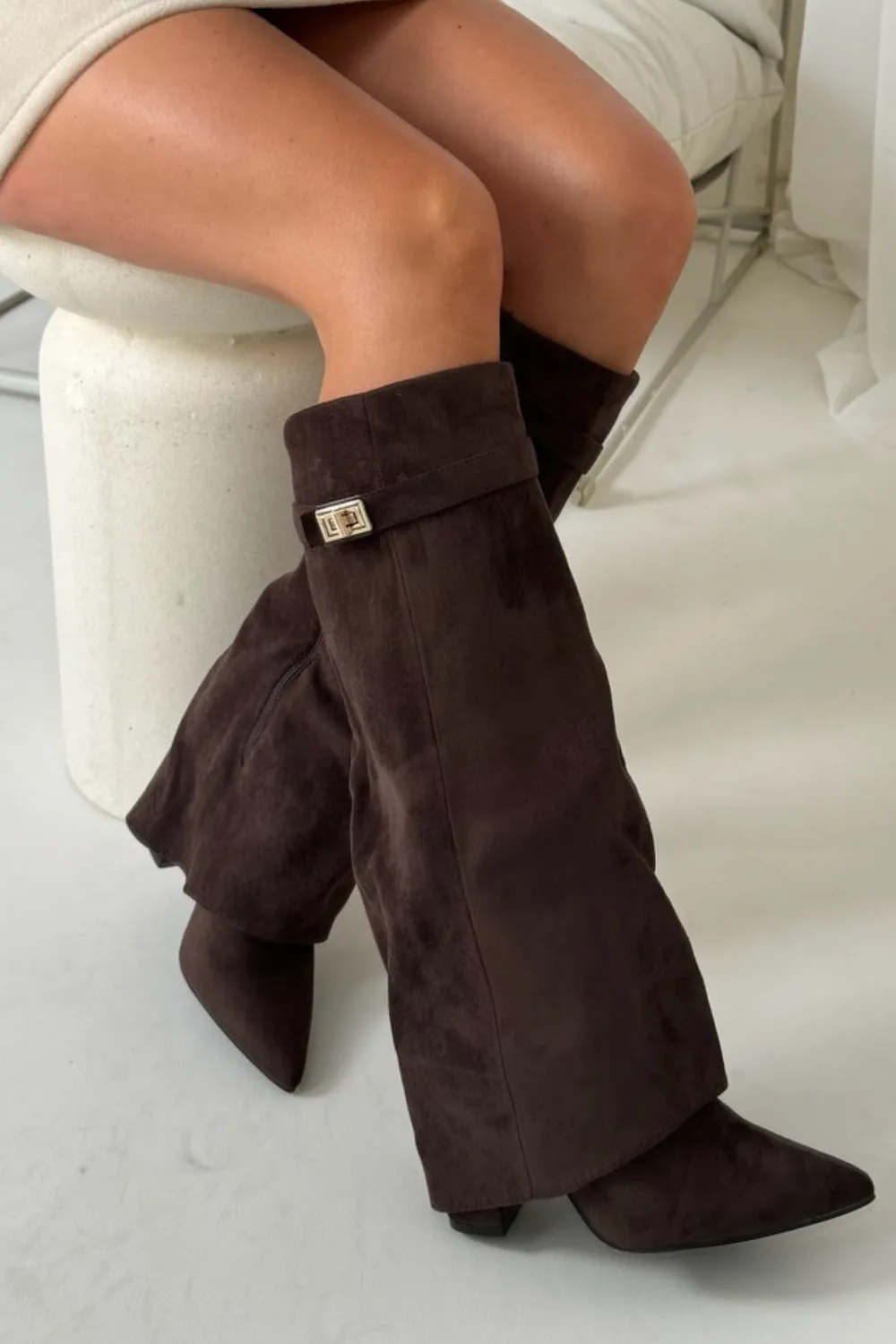 Harley chocolate faux suede knee high fold over heel boots