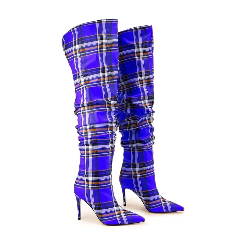 High Stiletto Heel Tartan Pattern Punk Boots in Bold Blue Yellow White