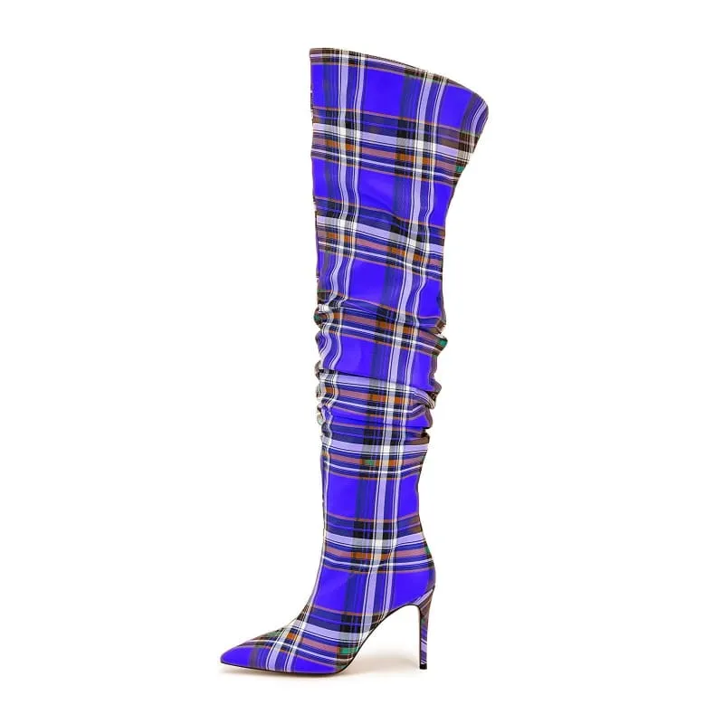 High Stiletto Heel Tartan Pattern Punk Boots in Bold Blue Yellow White