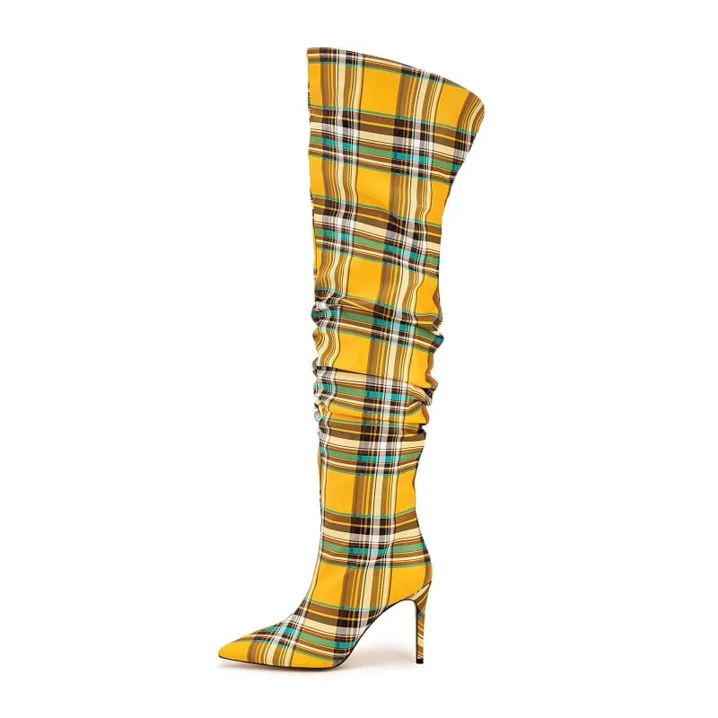 High Stiletto Heel Tartan Pattern Punk Boots in Bold Blue Yellow White