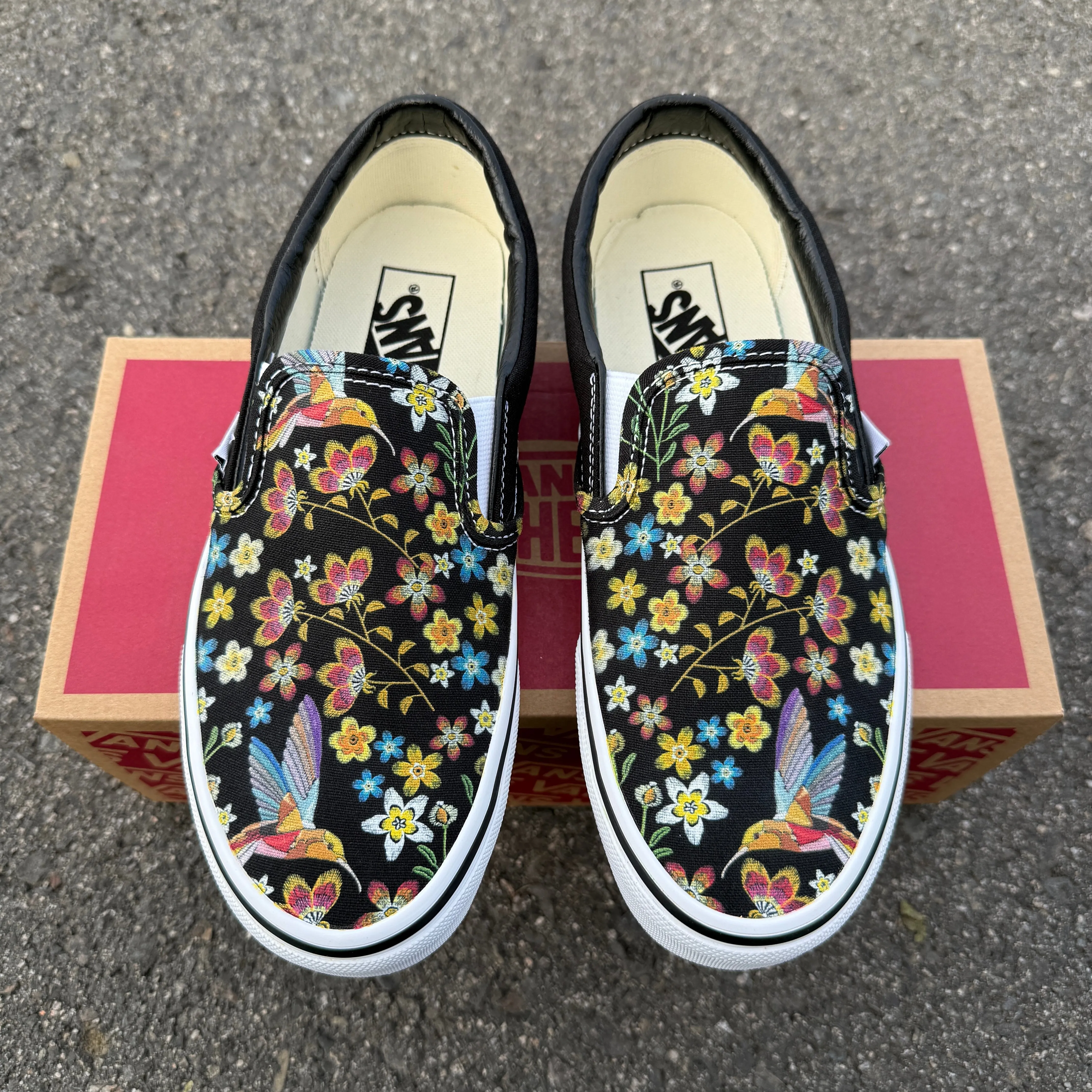 Hummingbird Embroidery Style Print on  Black Vans Slip On Shoes