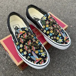 Hummingbird Embroidery Style Print on  Black Vans Slip On Shoes