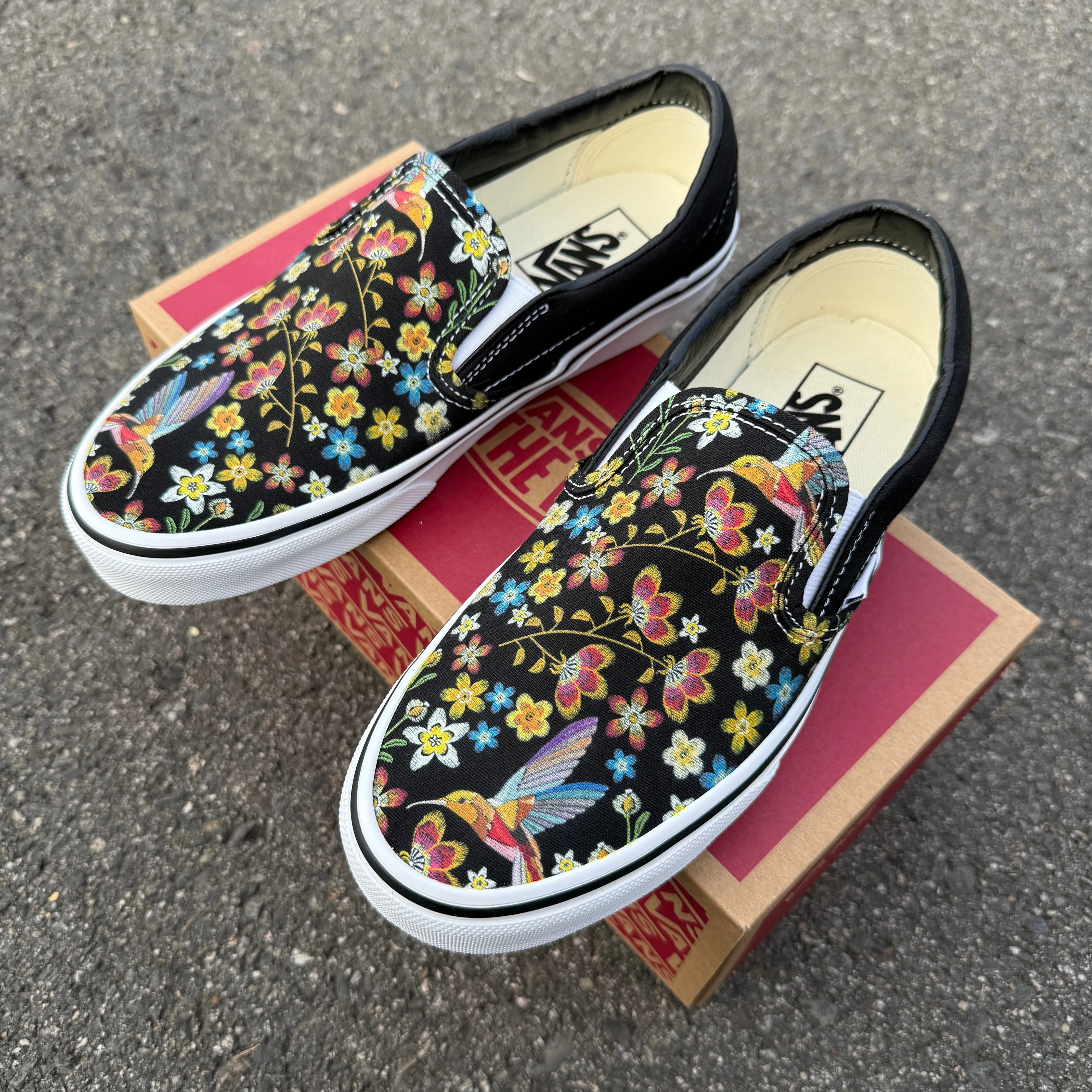 Hummingbird Embroidery Style Print on  Black Vans Slip On Shoes