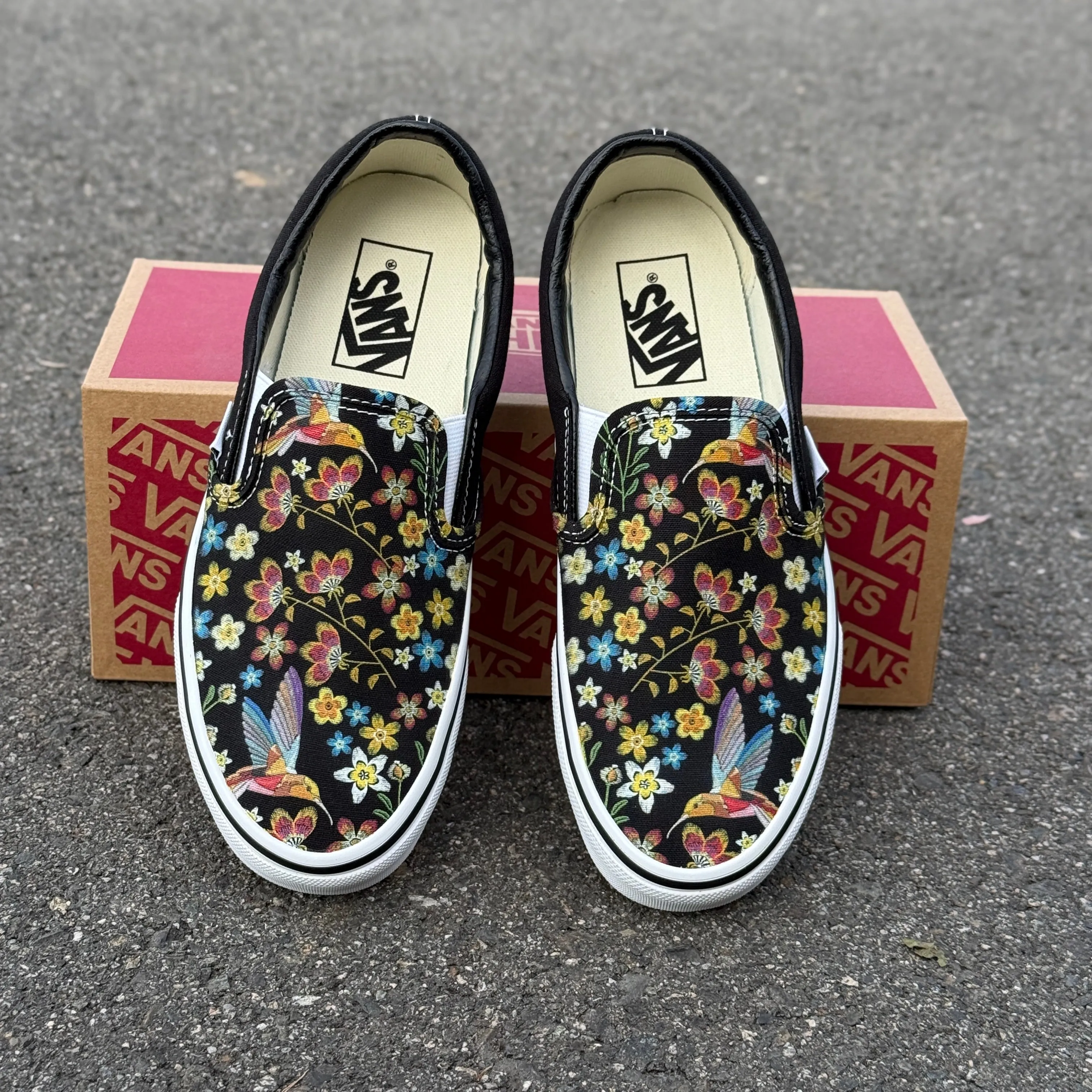 Hummingbird Embroidery Style Print on  Black Vans Slip On Shoes