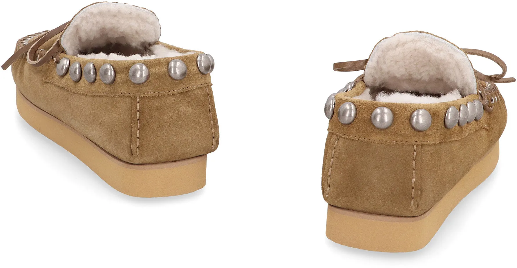 ISABEL MARANT Beige Suede Loafers with Shearling Lining, Silver Studs - FW23 Collection