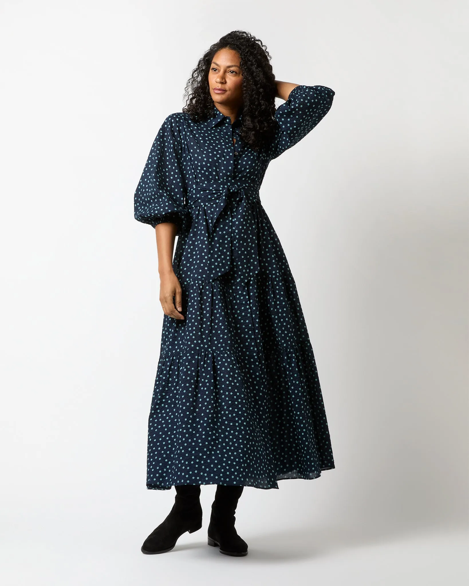 Isla Shirtdress in Navy/Steel Blue Crinkle Cotton