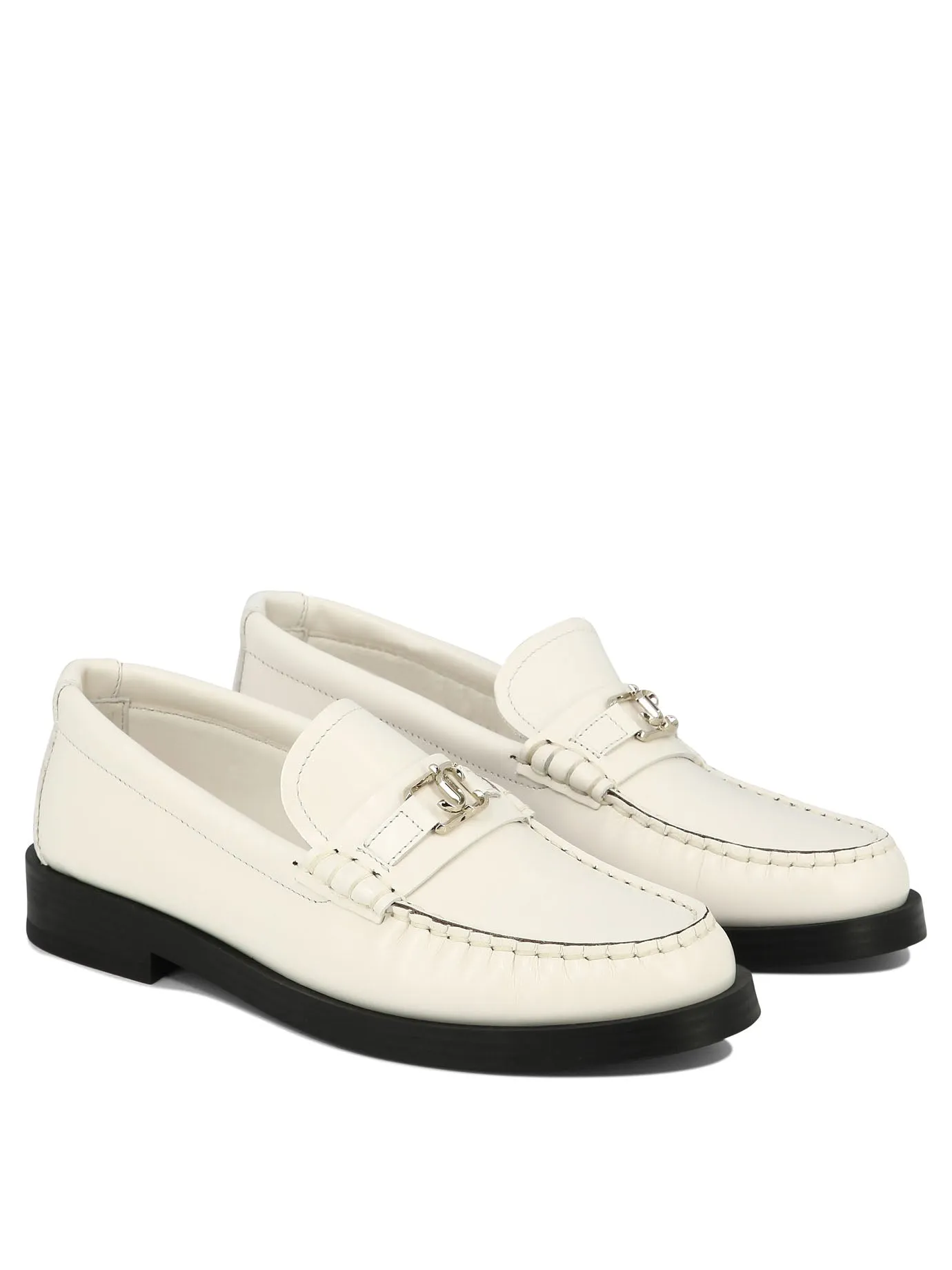 JIMMY CHOO Trendy White Loafers for Women - Soft Rounded Toe, Monochrome Hardware, Stacked Heel