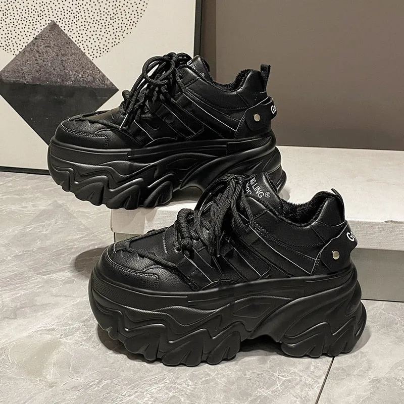 JOSKAA   - 8 cm Fashion Women's Chunky Sneakers Black White Platform Tennis Shoes for Women Thick Bottom Breathable Sports Dad Shoes