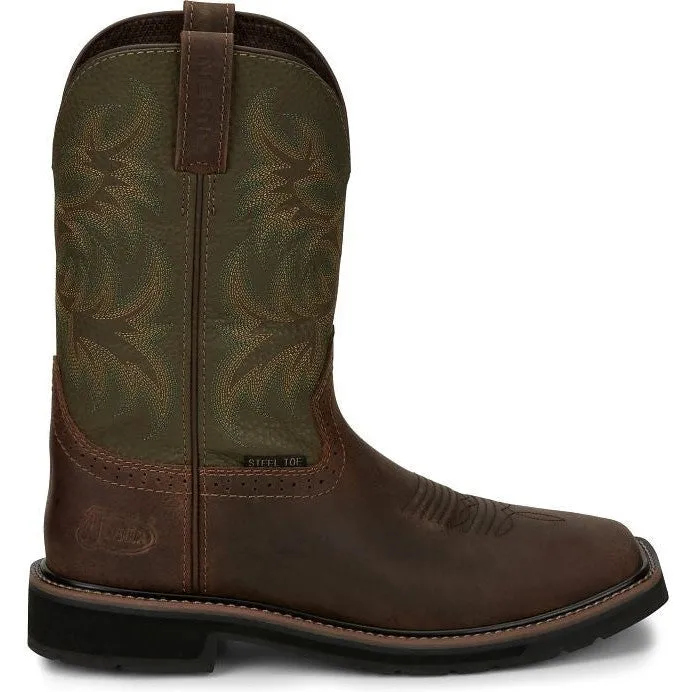 Justin Men's Driller 11" ST Western Work Boot -Brown/Green- SE4688