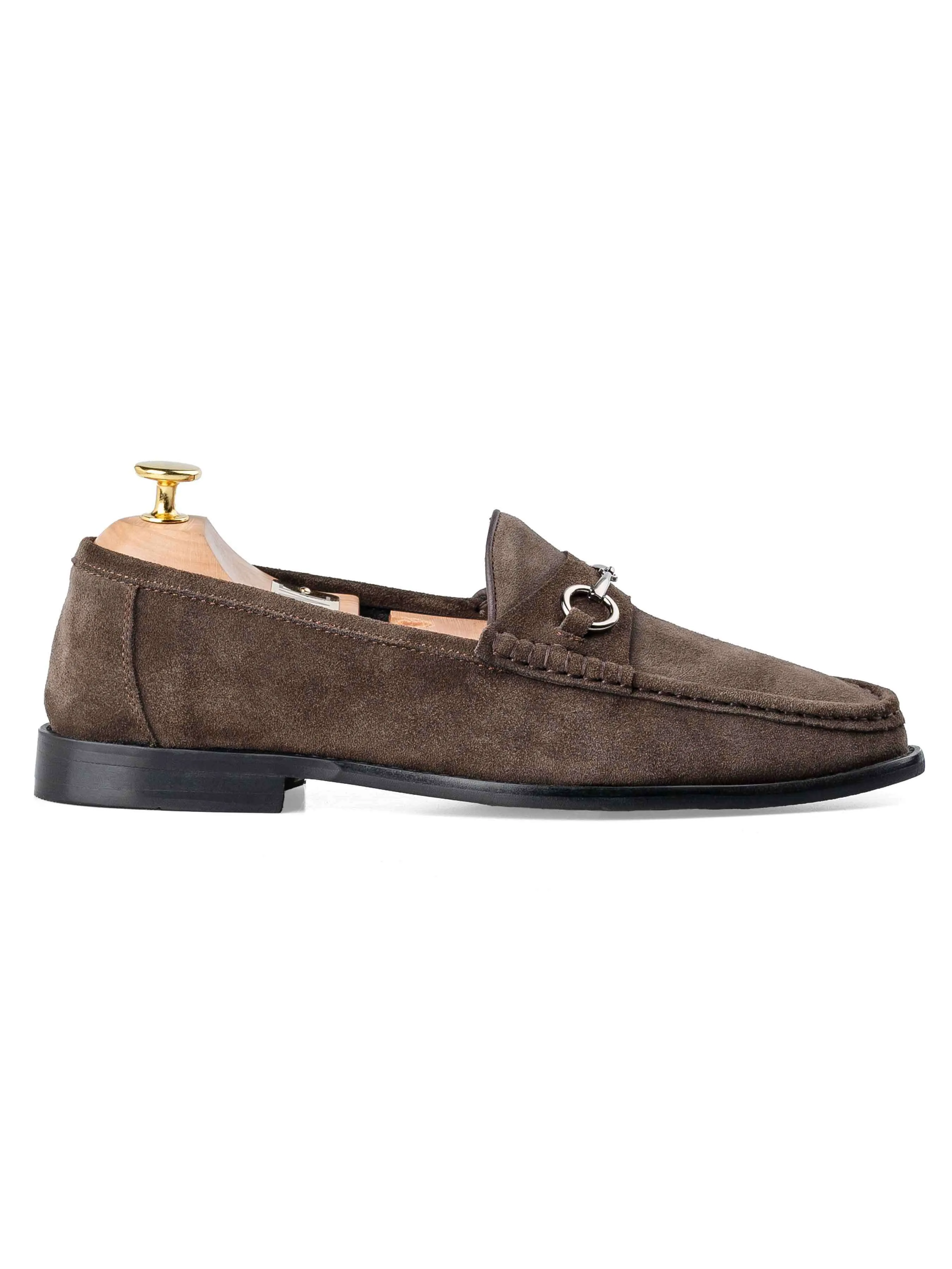 Mario Horsebit Moccasin Loafer - Dark Brown Suede Leather (Silver Buckle)