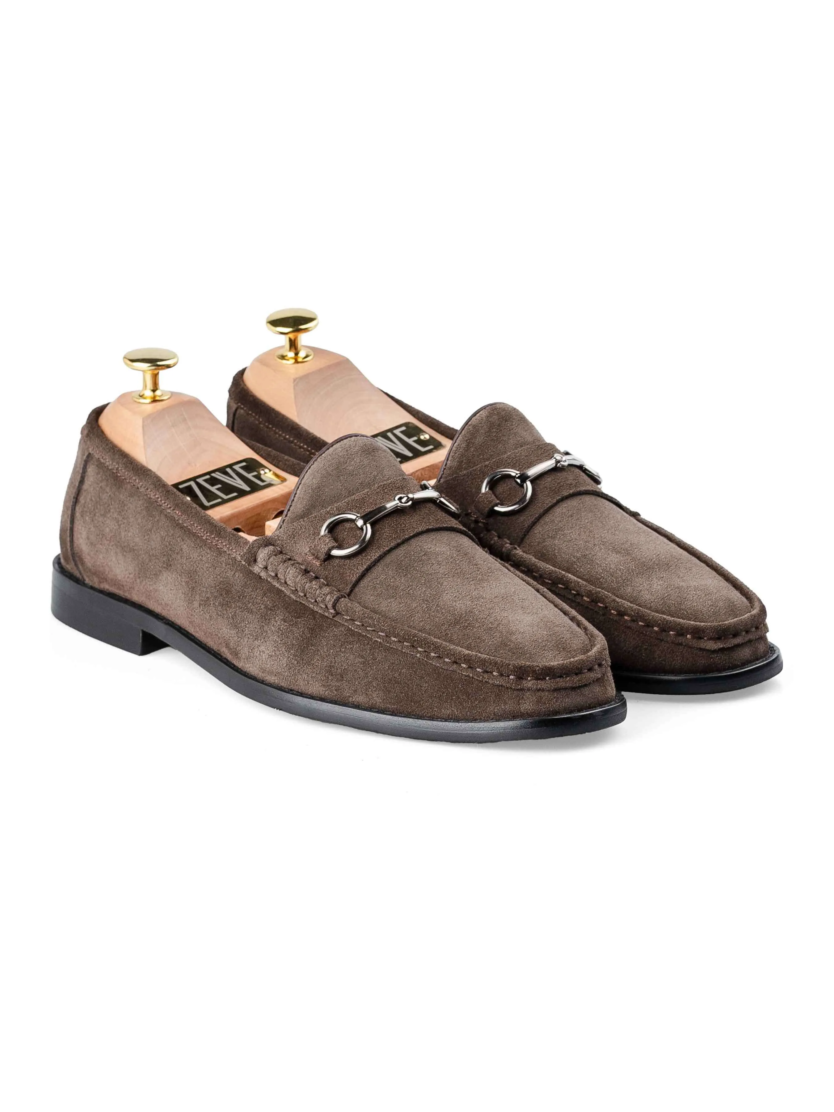 Mario Horsebit Moccasin Loafer - Dark Brown Suede Leather (Silver Buckle)