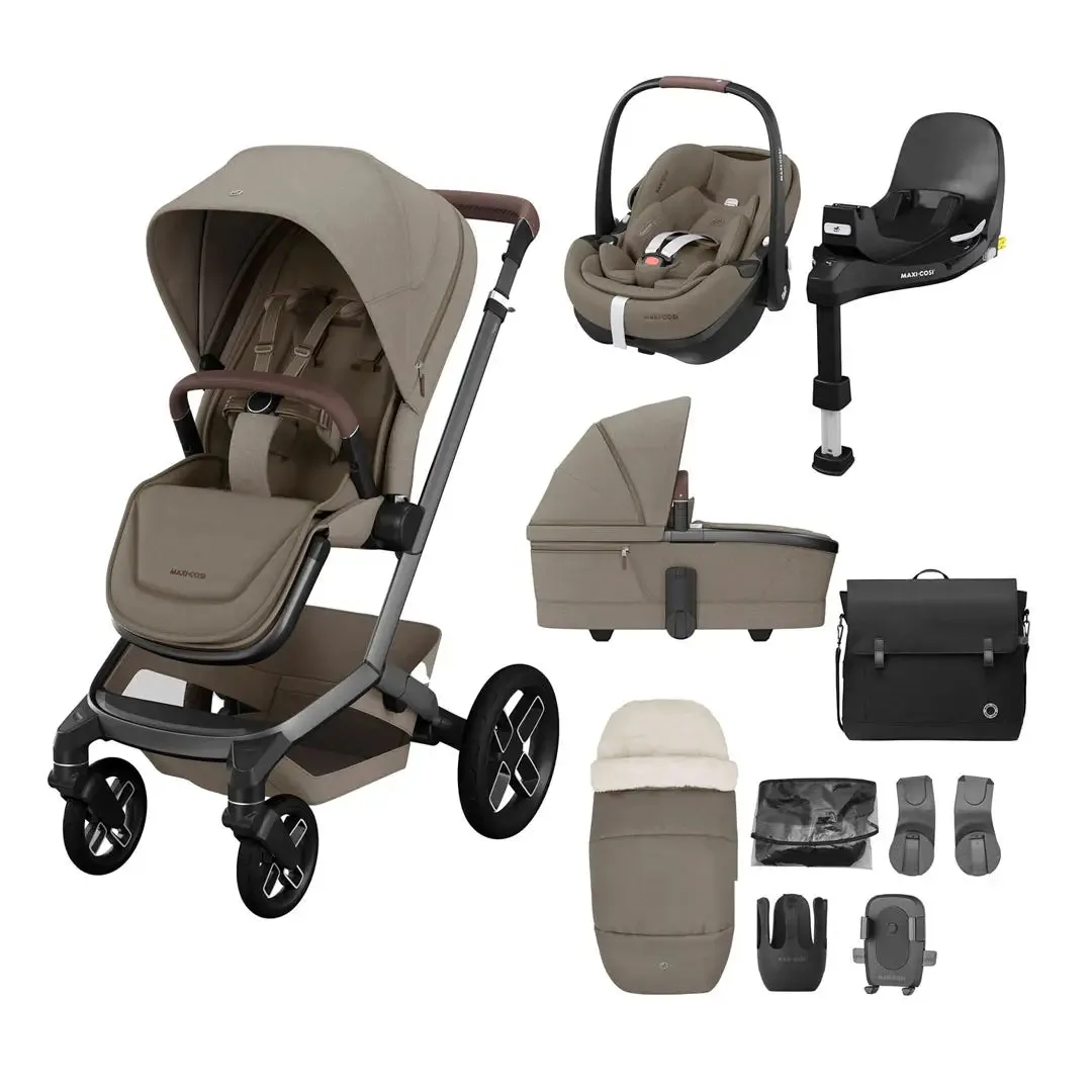 Maxi Cosi Fame 10 Piece Premium Bundle - Twillic Truffle - With Black Wheels