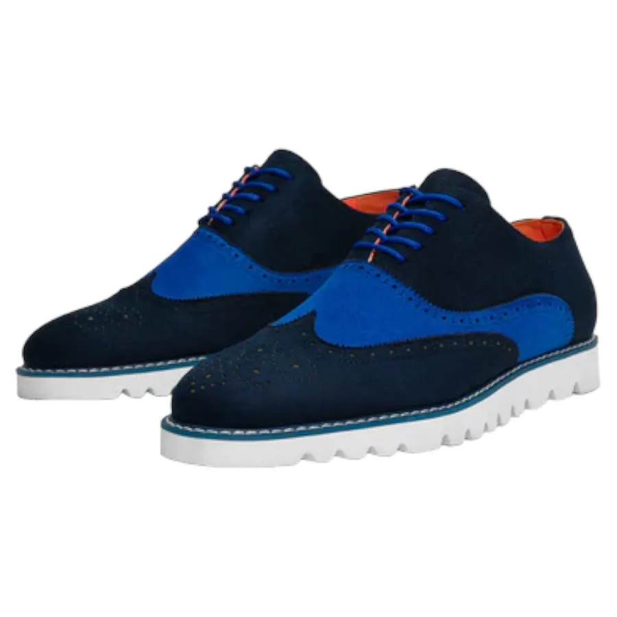 Men's blue lace-up wingtip suede two tone casual shoe