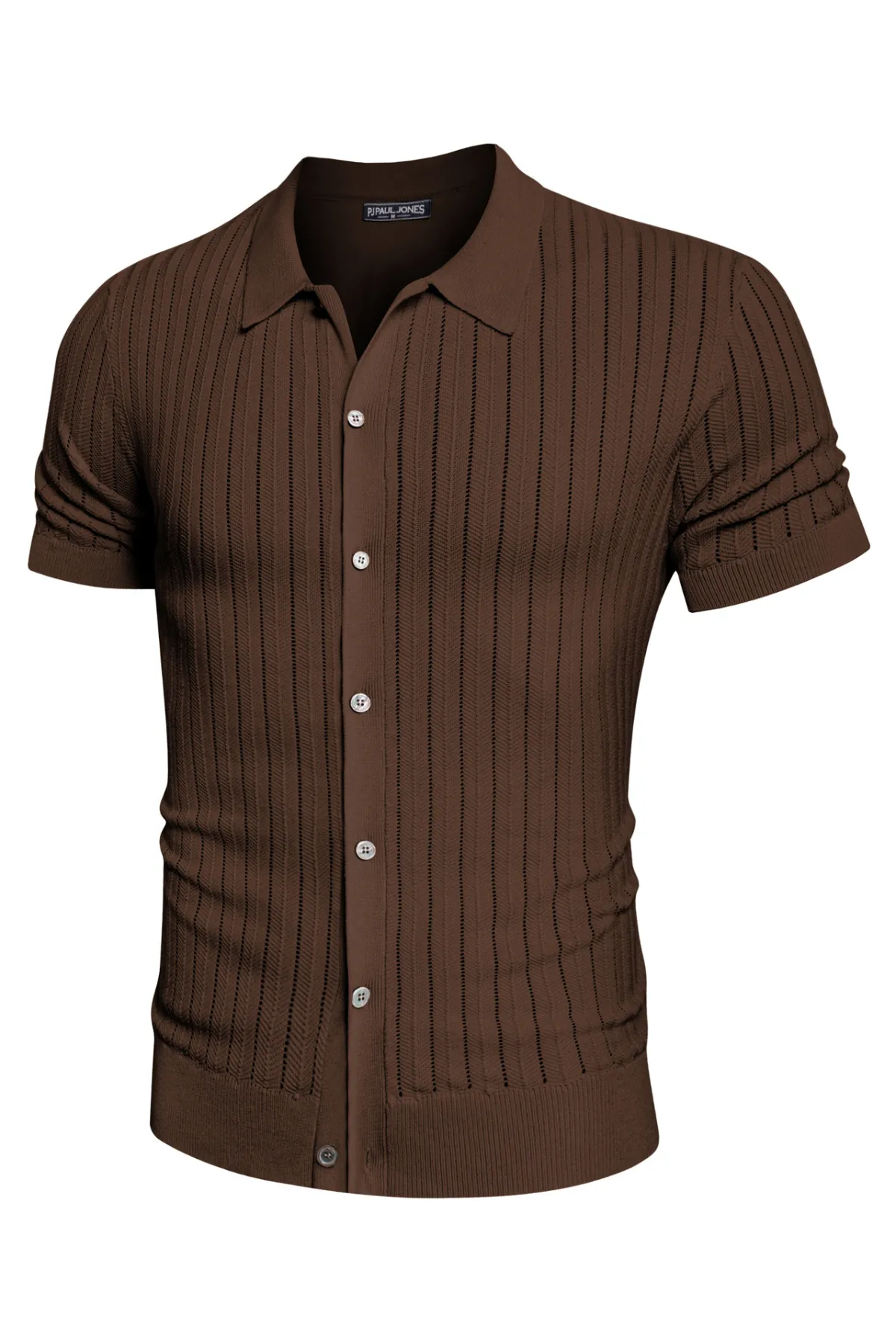 Mens Knit Polo Shirts Hollow Out Short Sleeve Lapel Collar Button-up Front Polo Cardigan Shirt