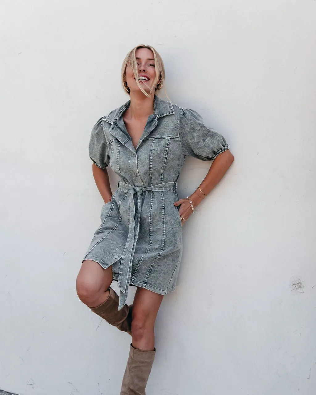 Olive Washed Button Down Mini Dress - FINAL SALE