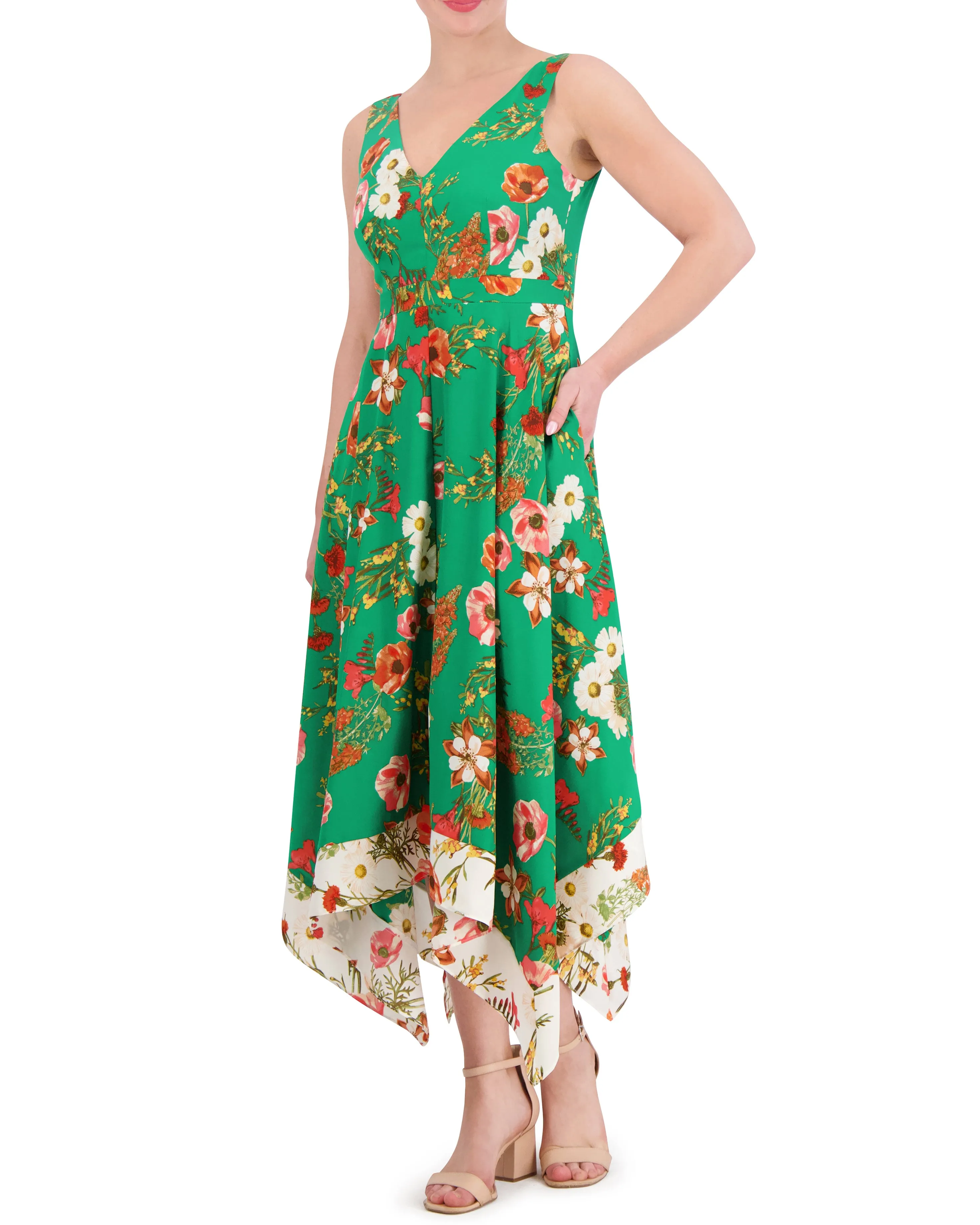 Petite Floral-Print Handkerchief-Hem Dress