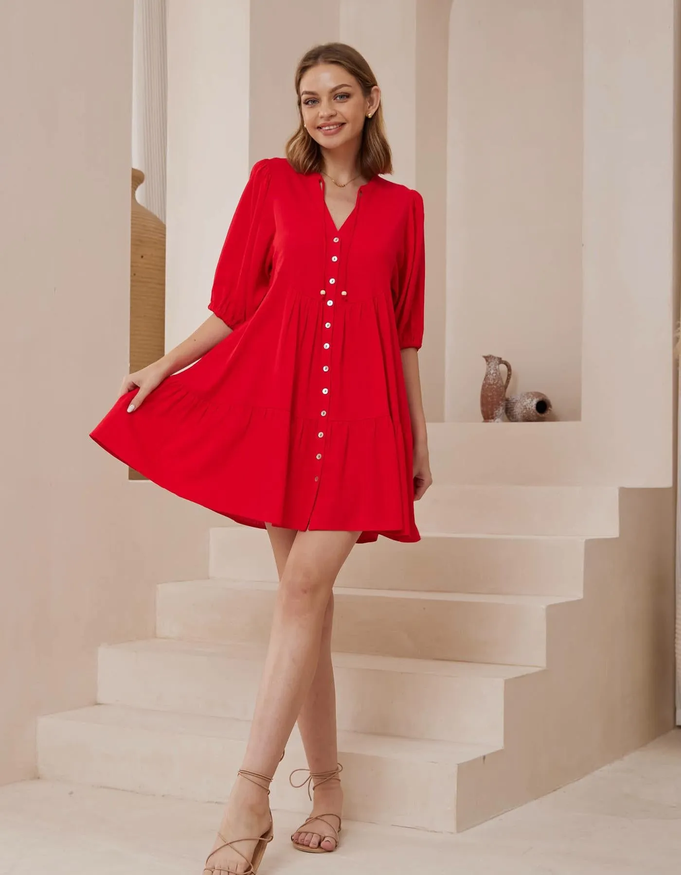 Presley Button Front V Neck Dress in Red