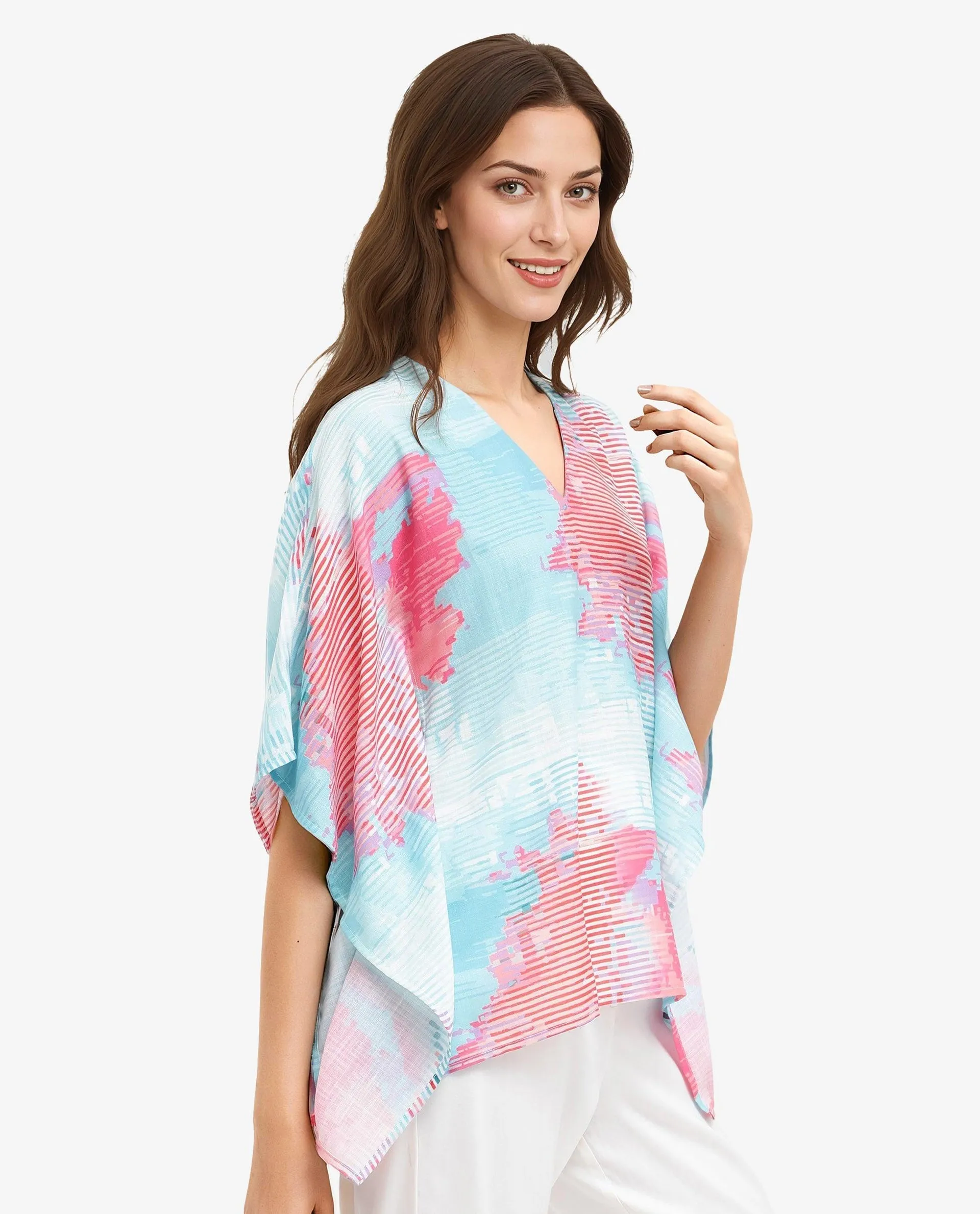 Rareism Women Arial Light Blue Linen Abstract Print V-Neck Top