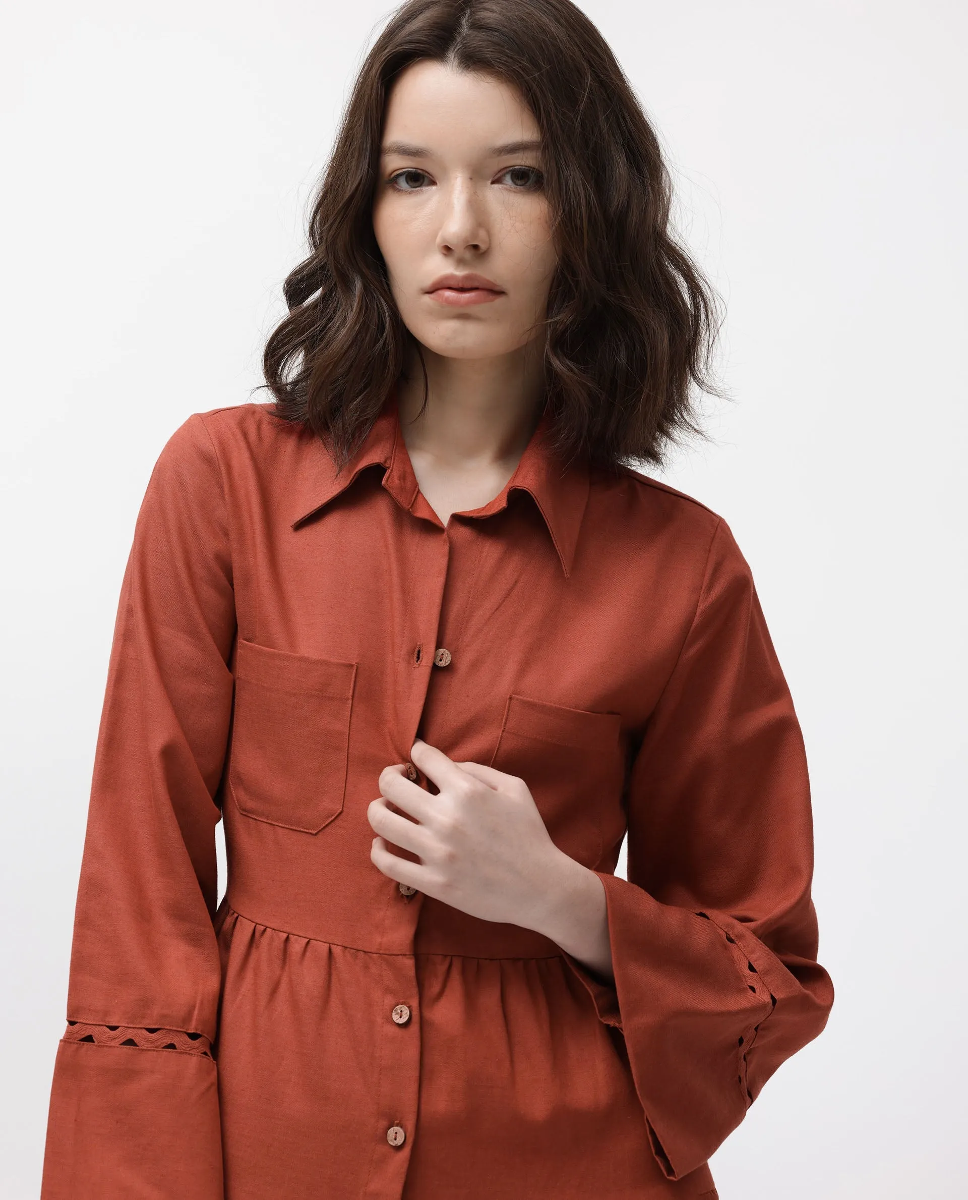 Rareism Women Wyatt Rust Cotton Linen Fabric Full Sleeves Button Closure Shirt Collar Bell Sleeve Regular Fit Plain Short Boxy Dress