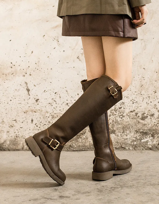 Real Leather Handmade Buckle Strap Winter Knee High Boots