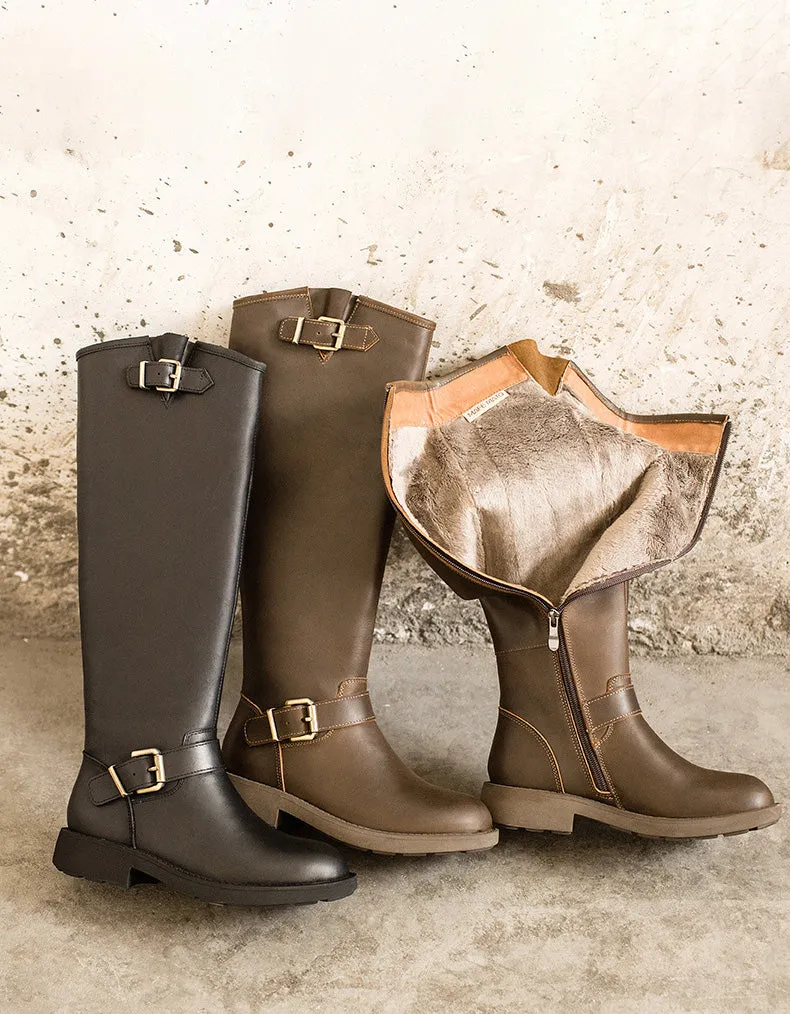 Real Leather Handmade Buckle Strap Winter Knee High Boots