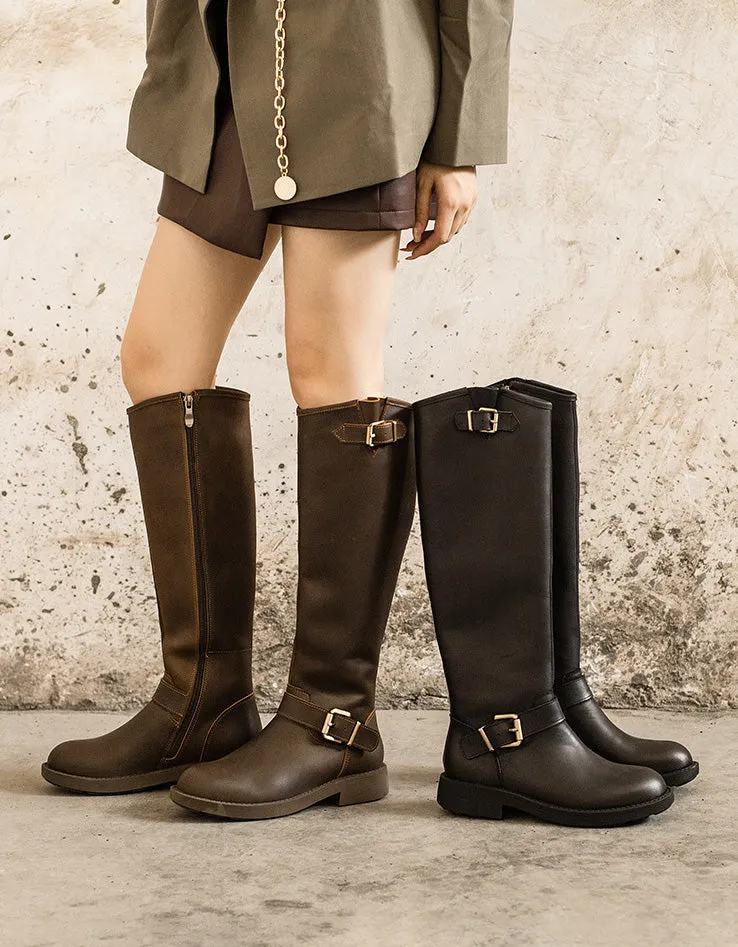 Real Leather Handmade Buckle Strap Winter Knee High Boots