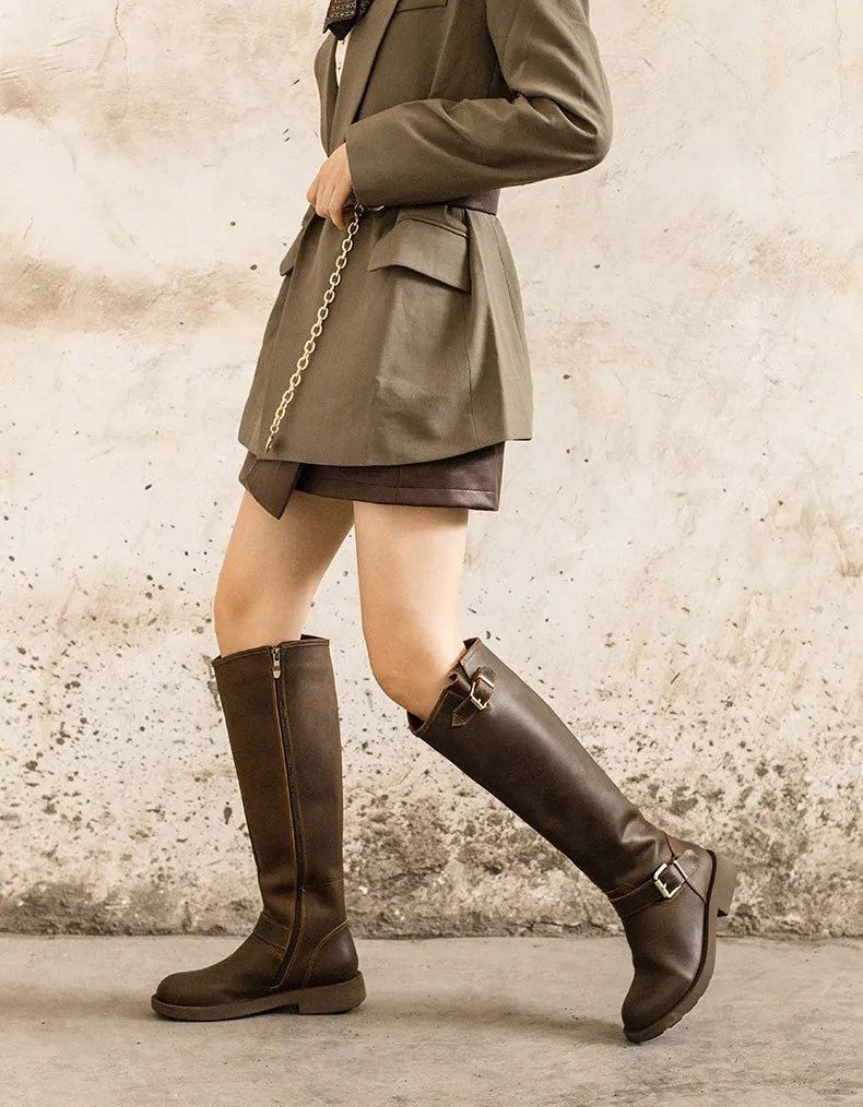 Real Leather Handmade Buckle Strap Winter Knee High Boots