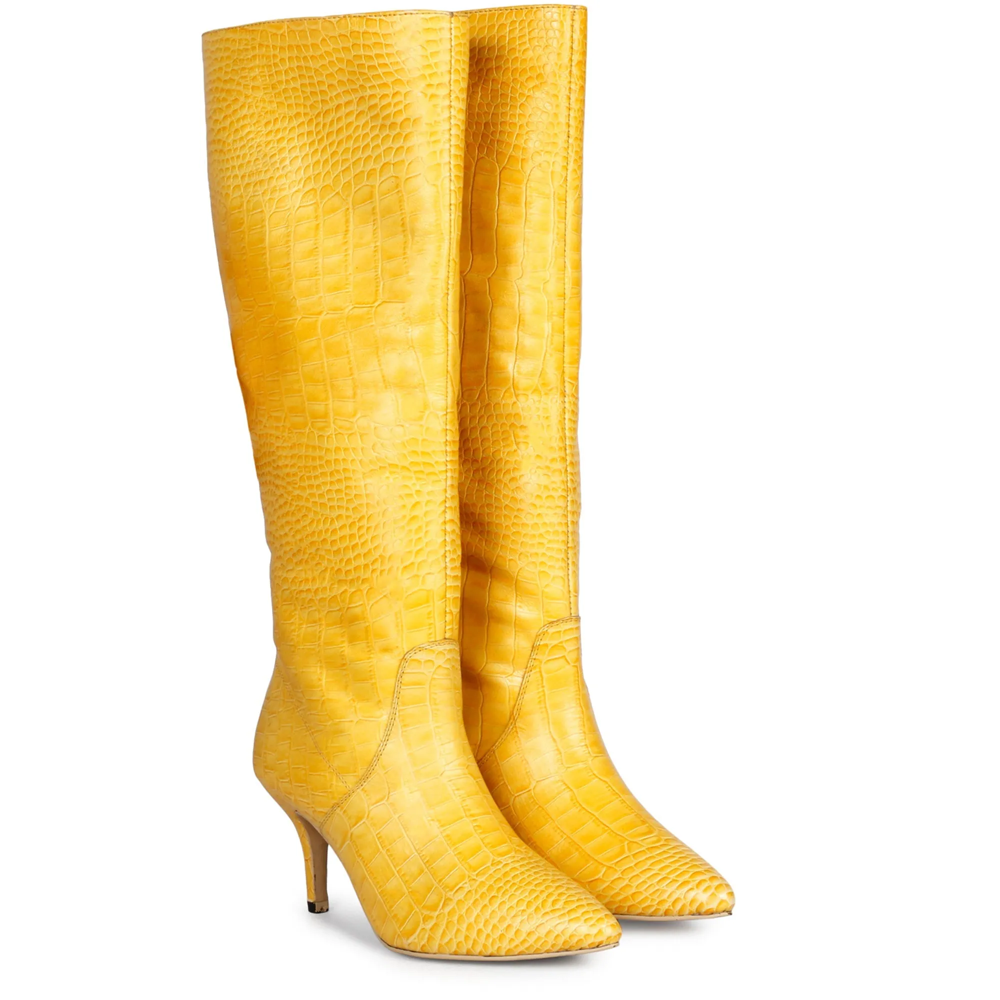 Saint Adella Croco Embossed Yellow Leather Long Boots