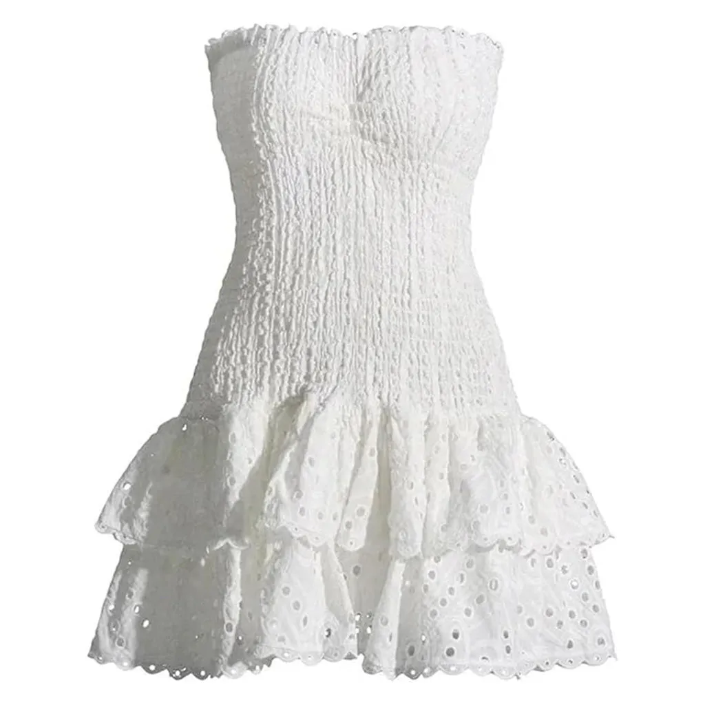 Sexy Scalloped Strapless Smocked Broderie Anglaise Tiered Ruffled Mini Dress