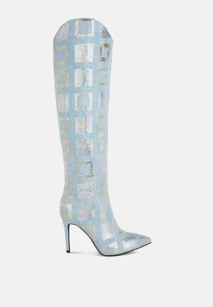 Sharmin Checkered Sequin Knee High Boots