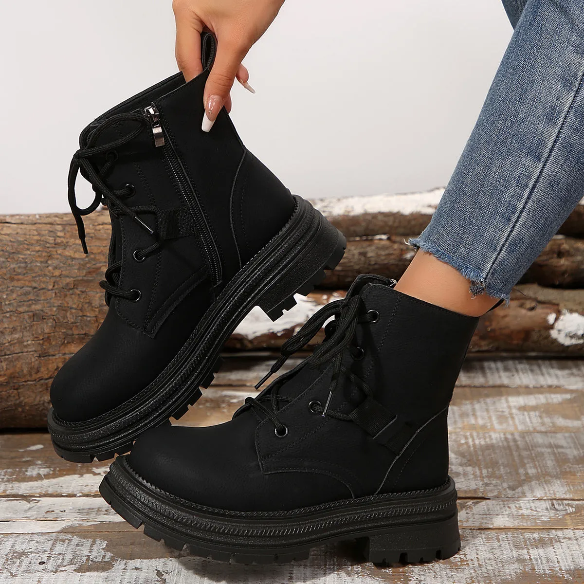 Square-heeled Lace-up Boots Fall Winter All-match Slim Shoes Fashion Ankle Boot