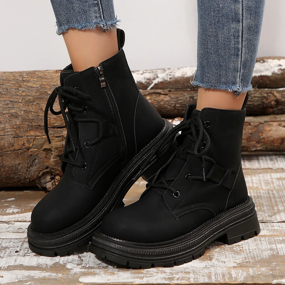 Square-heeled Lace-up Boots Fall Winter All-match Slim Shoes Fashion Ankle Boot