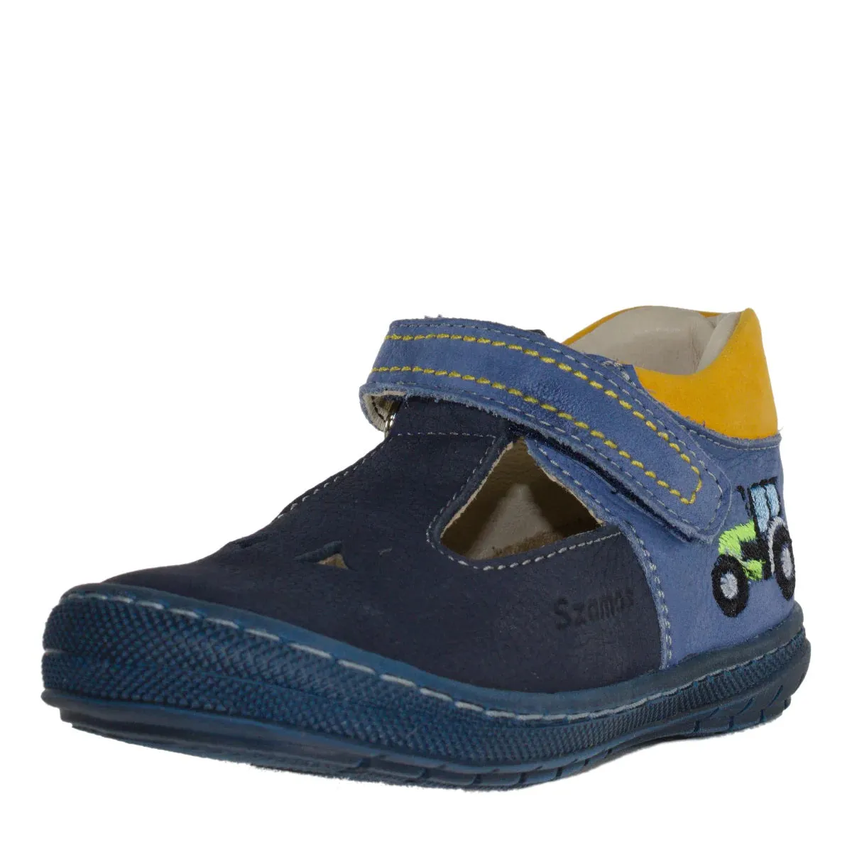 Szamos Kid Boy Sandals In Light And Navy Blue Color And Tractor Pattern With Velcro Strap - Made In Europe