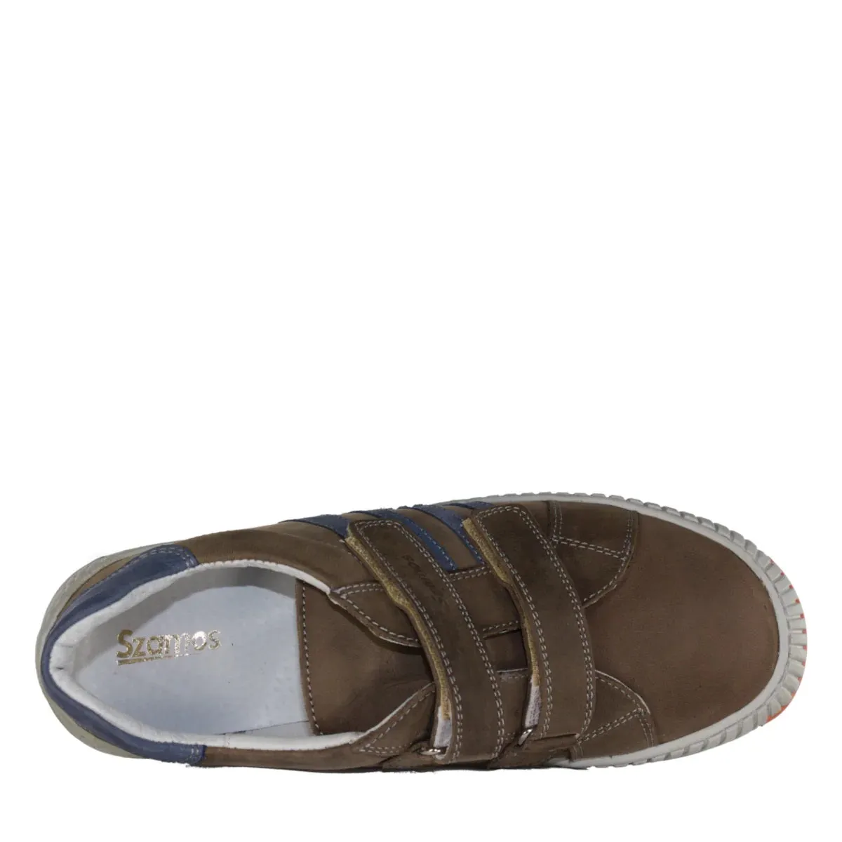 Szamos Kid Boy Sneakers In Brown Color With Blue Stripes And Double Velcro Strap - Made In Europe