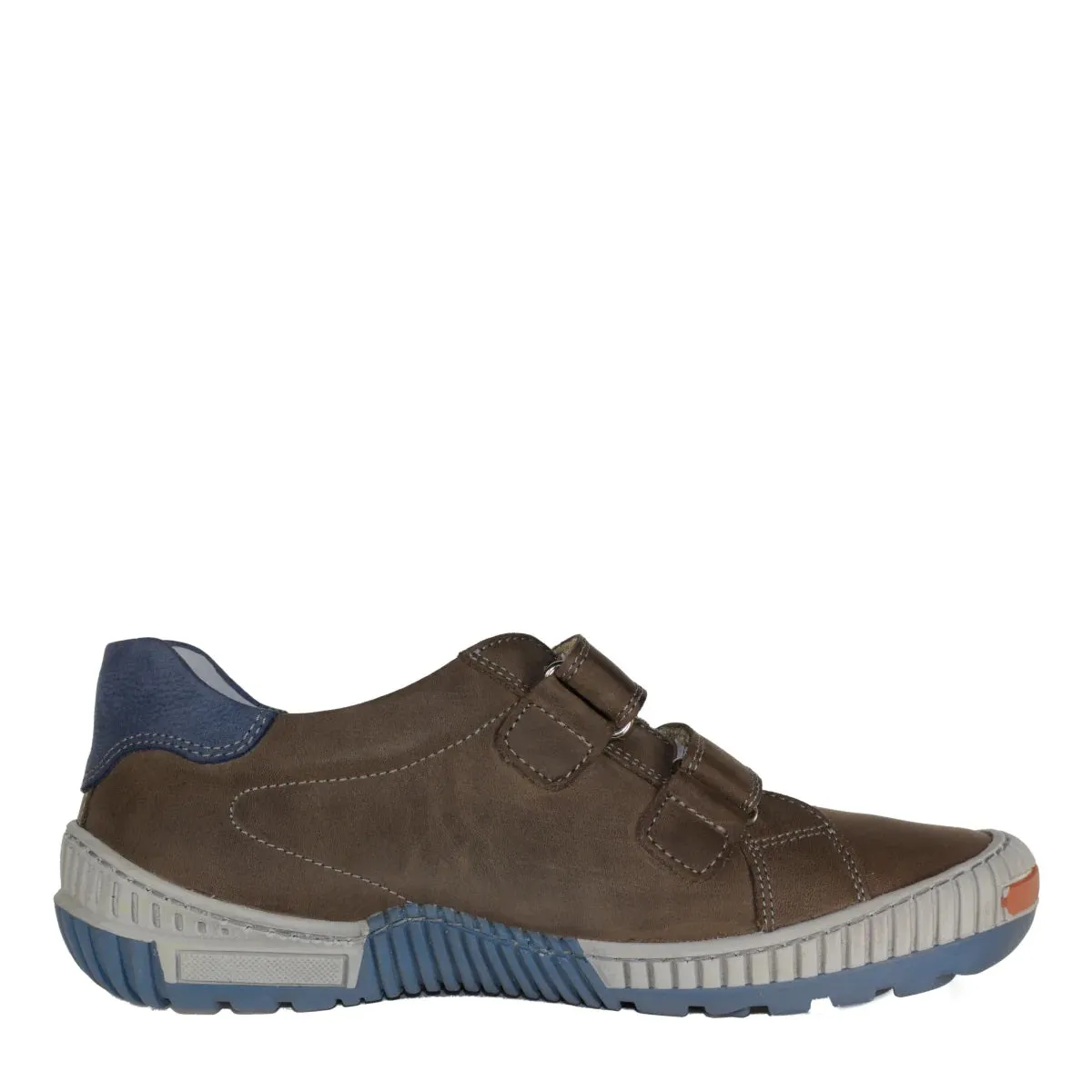 Szamos Kid Boy Sneakers In Brown Color With Blue Stripes And Double Velcro Strap - Made In Europe