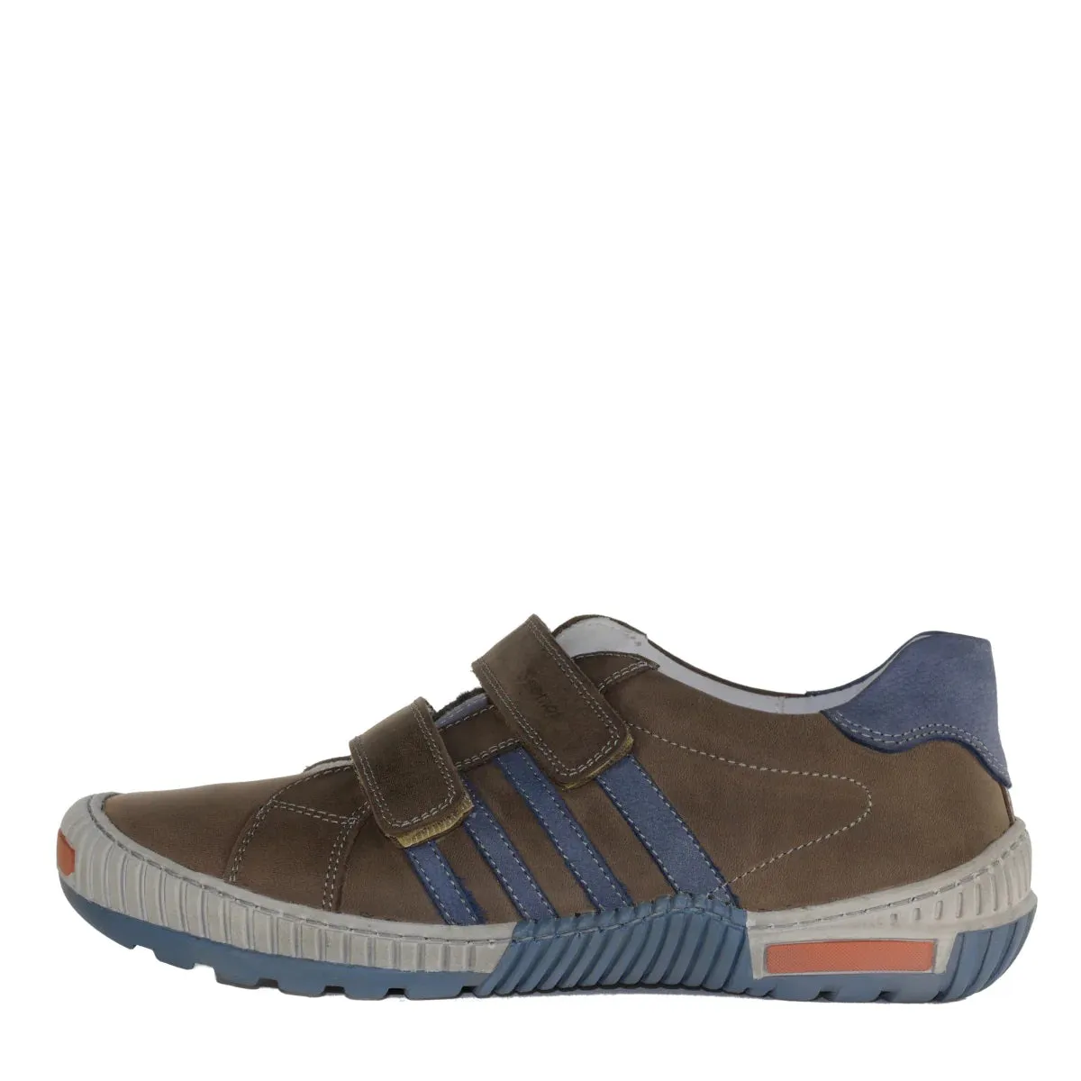 Szamos Kid Boy Sneakers In Brown Color With Blue Stripes And Double Velcro Strap - Made In Europe