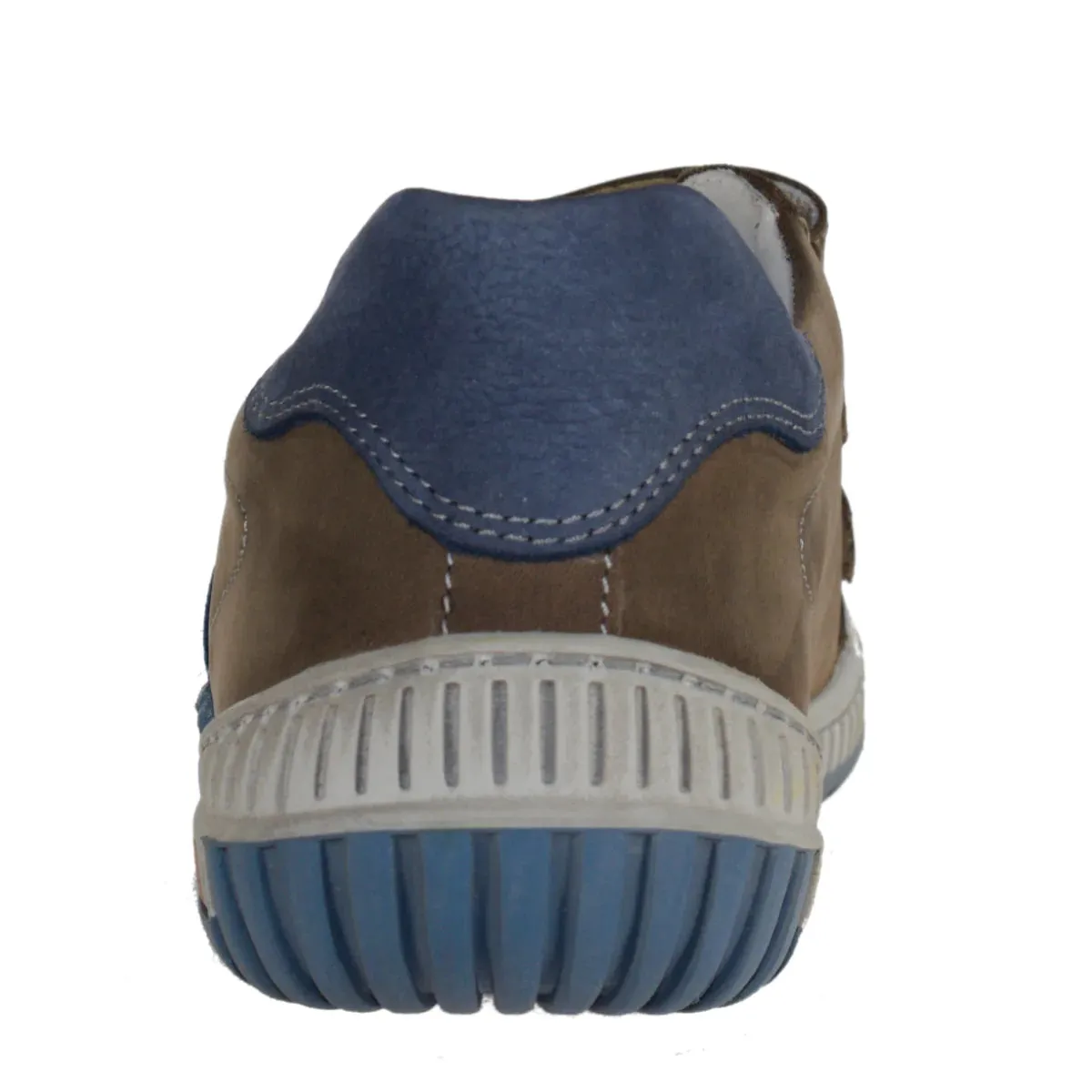 Szamos Kid Boy Sneakers In Brown Color With Blue Stripes And Double Velcro Strap - Made In Europe