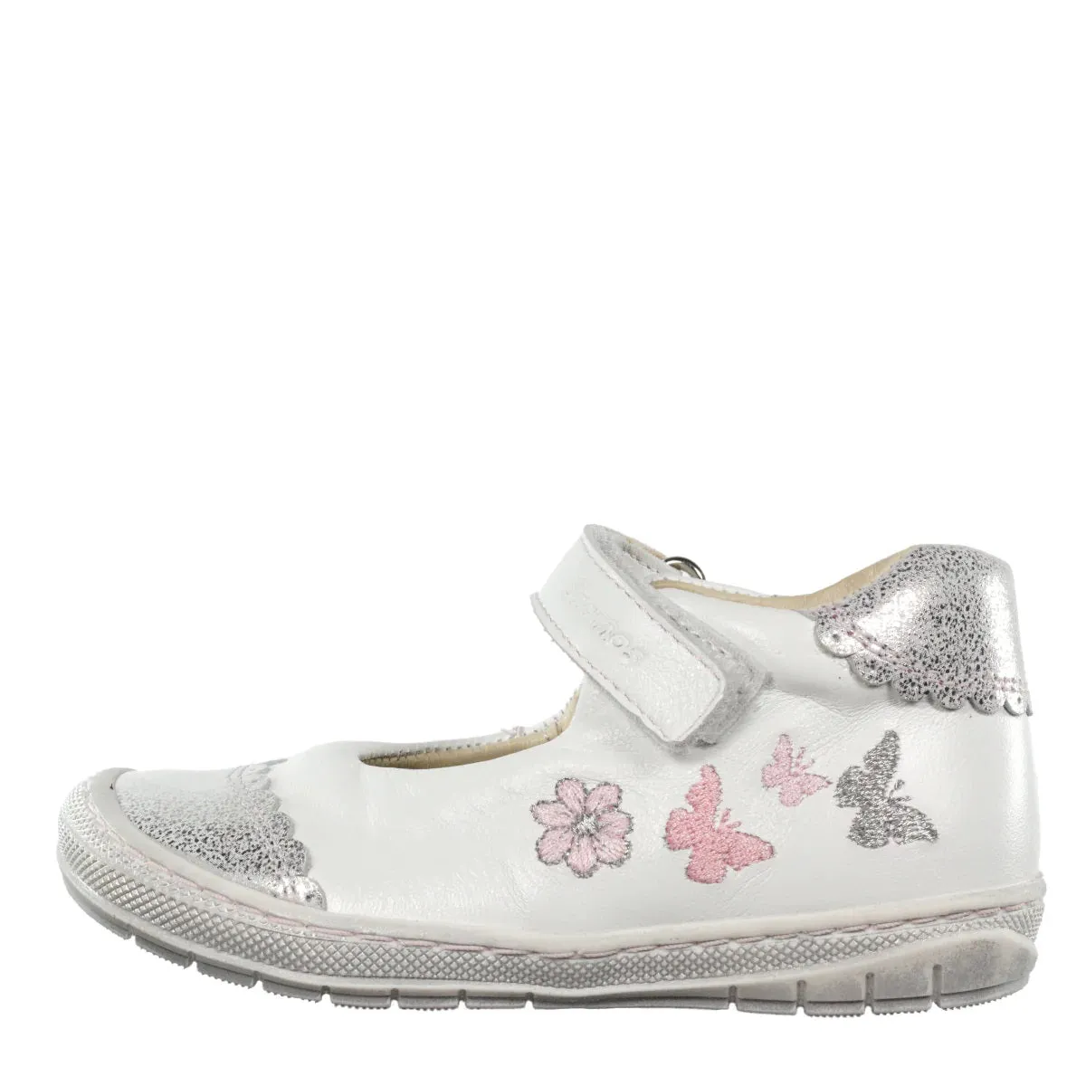 Szamos Kid Girl Dress Shoes In White With Silver Glitter And Butterflies And Velcro Strap - Made In Europe