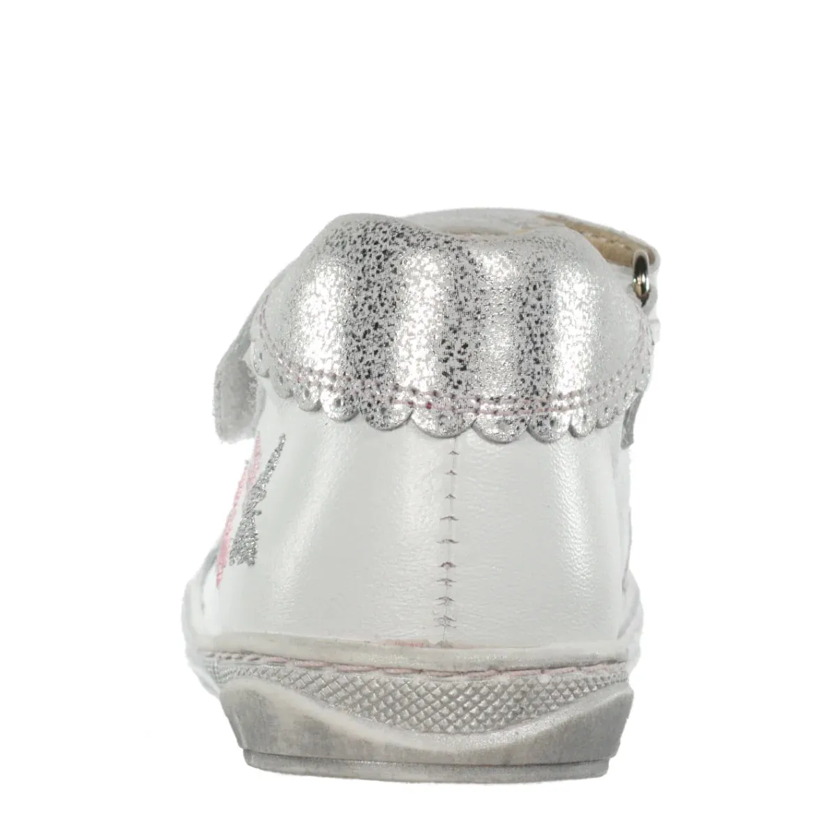 Szamos Kid Girl Dress Shoes In White With Silver Glitter And Butterflies And Velcro Strap - Made In Europe