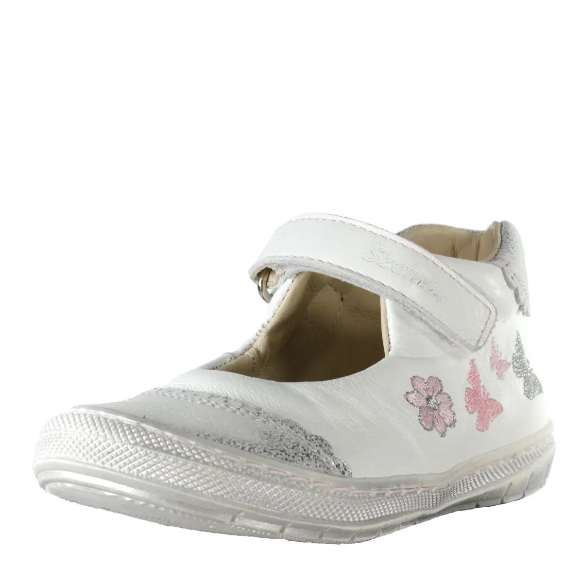 Szamos Kid Girl Dress Shoes In White With Silver Glitter And Butterflies And Velcro Strap - Made In Europe