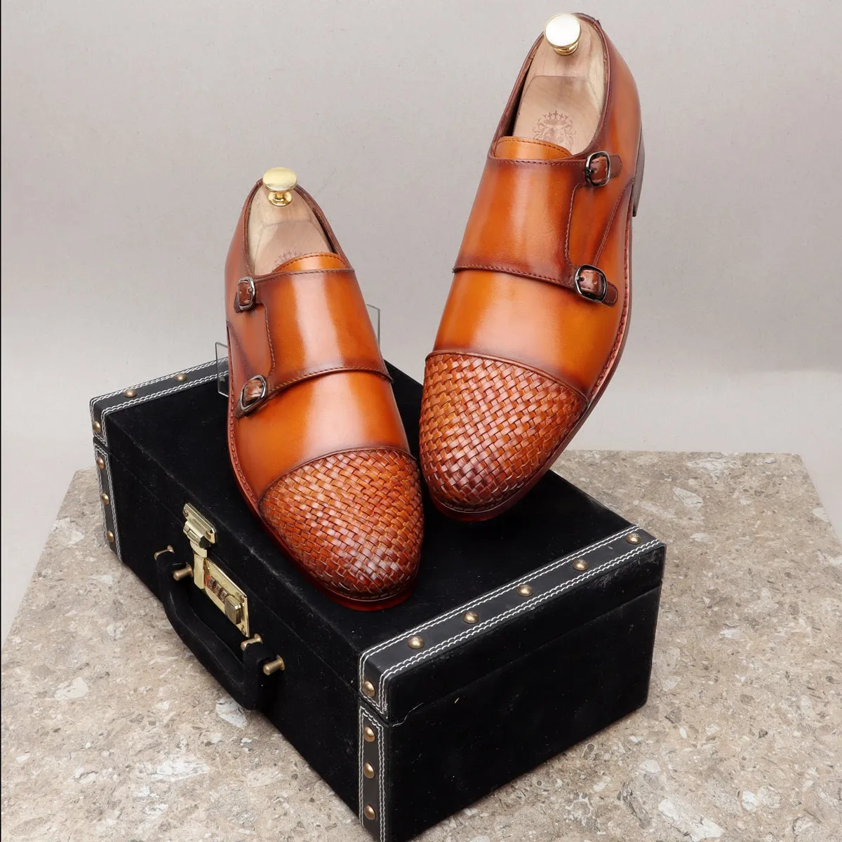 Tan Contrasting Cap Toe Leather Woven Detailed Double Monk With Leather Sole Shoes By Brune & Bareskin