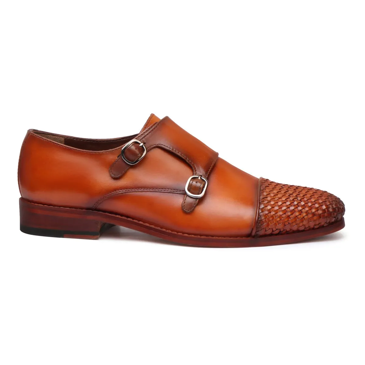 Tan Contrasting Cap Toe Leather Woven Detailed Double Monk With Leather Sole Shoes By Brune & Bareskin