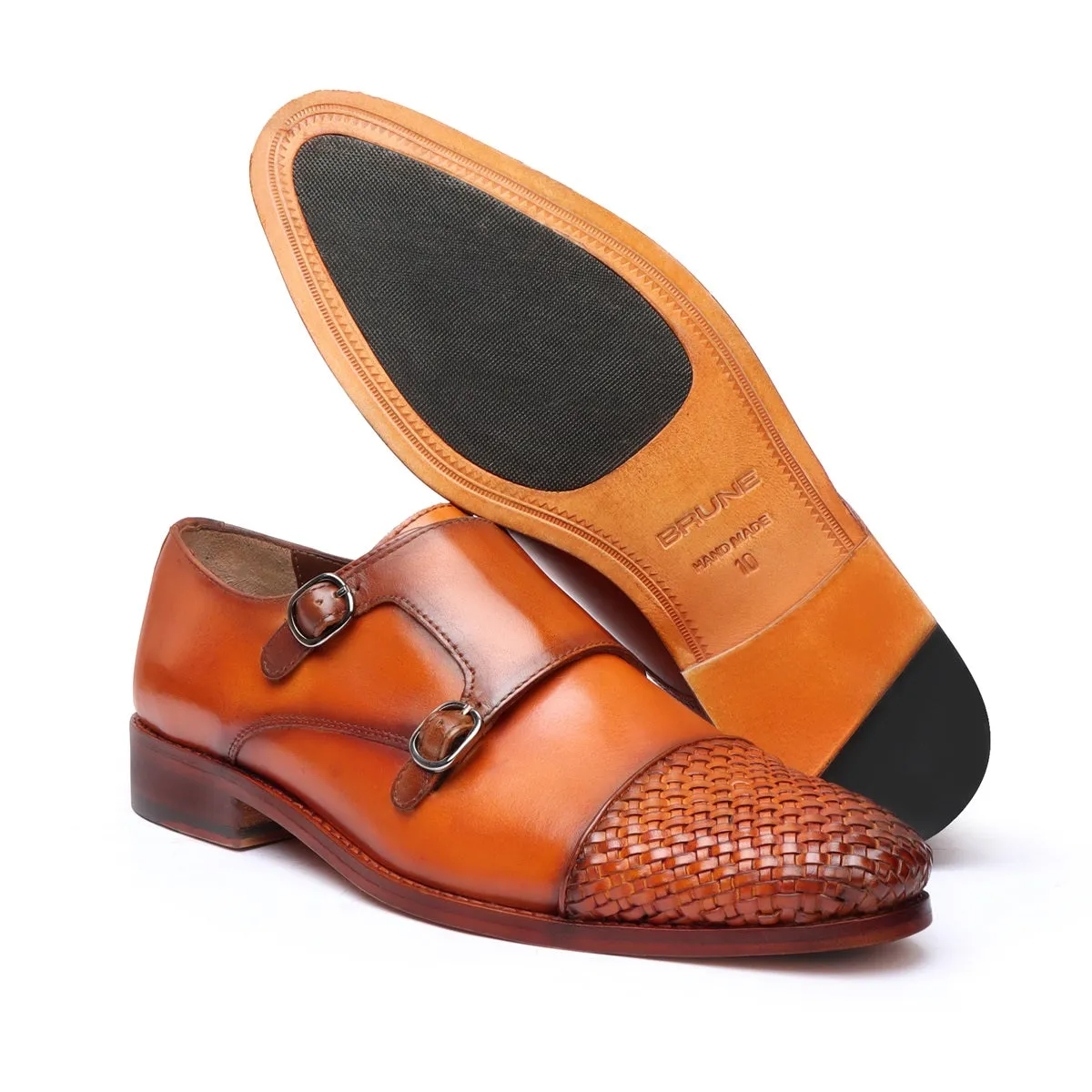 Tan Contrasting Cap Toe Leather Woven Detailed Double Monk With Leather Sole Shoes By Brune & Bareskin