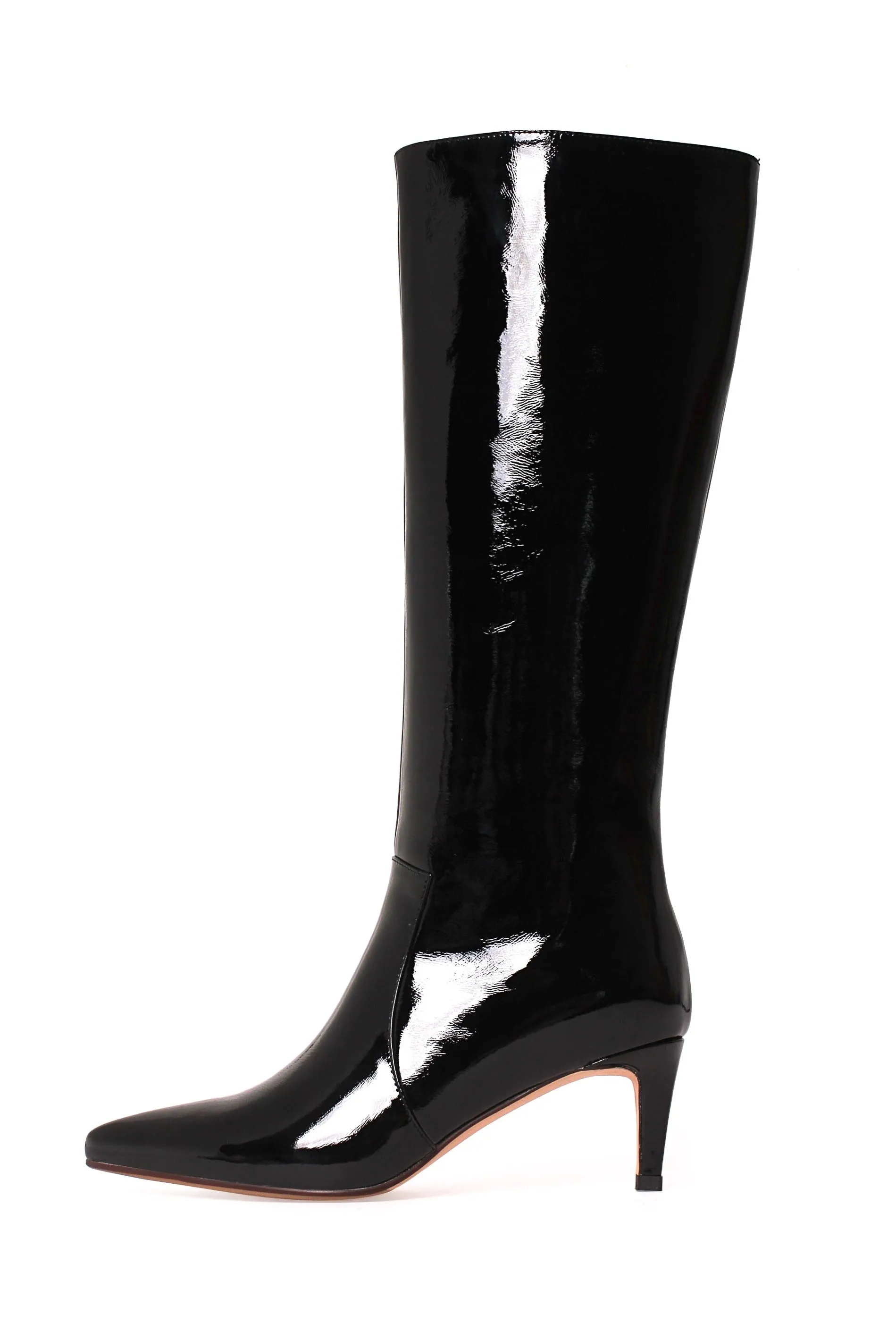 TinaCus Women's Glossy Patent Leather Handmade Stiletto Mid Heel Pointed Toe Side Zipper Knee High Boots