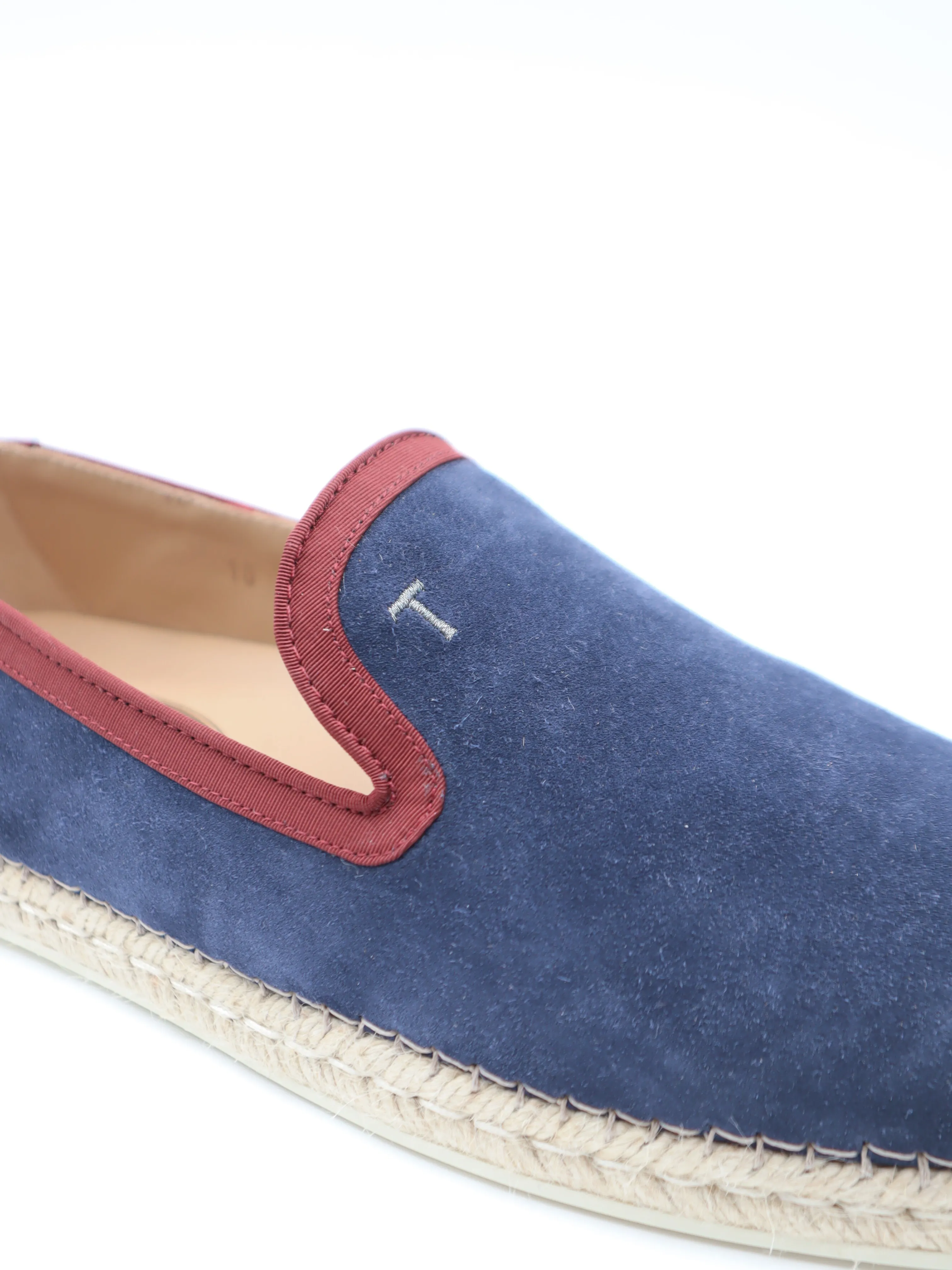 Tods Mens Navy Blue with Red Trim Espadrille with Raffia Sole