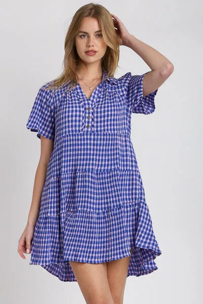 Umgee Full Size Gingham Tiered Button Detail Short Sleeve Dress Plus Size