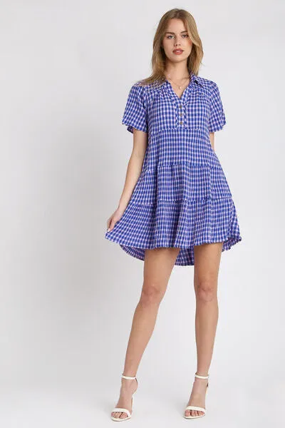 Umgee Full Size Gingham Tiered Button Detail Short Sleeve Dress Plus Size