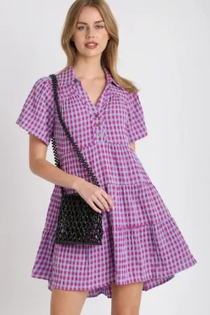 Umgee Full Size Gingham Tiered Button Detail Short Sleeve Dress Plus Size